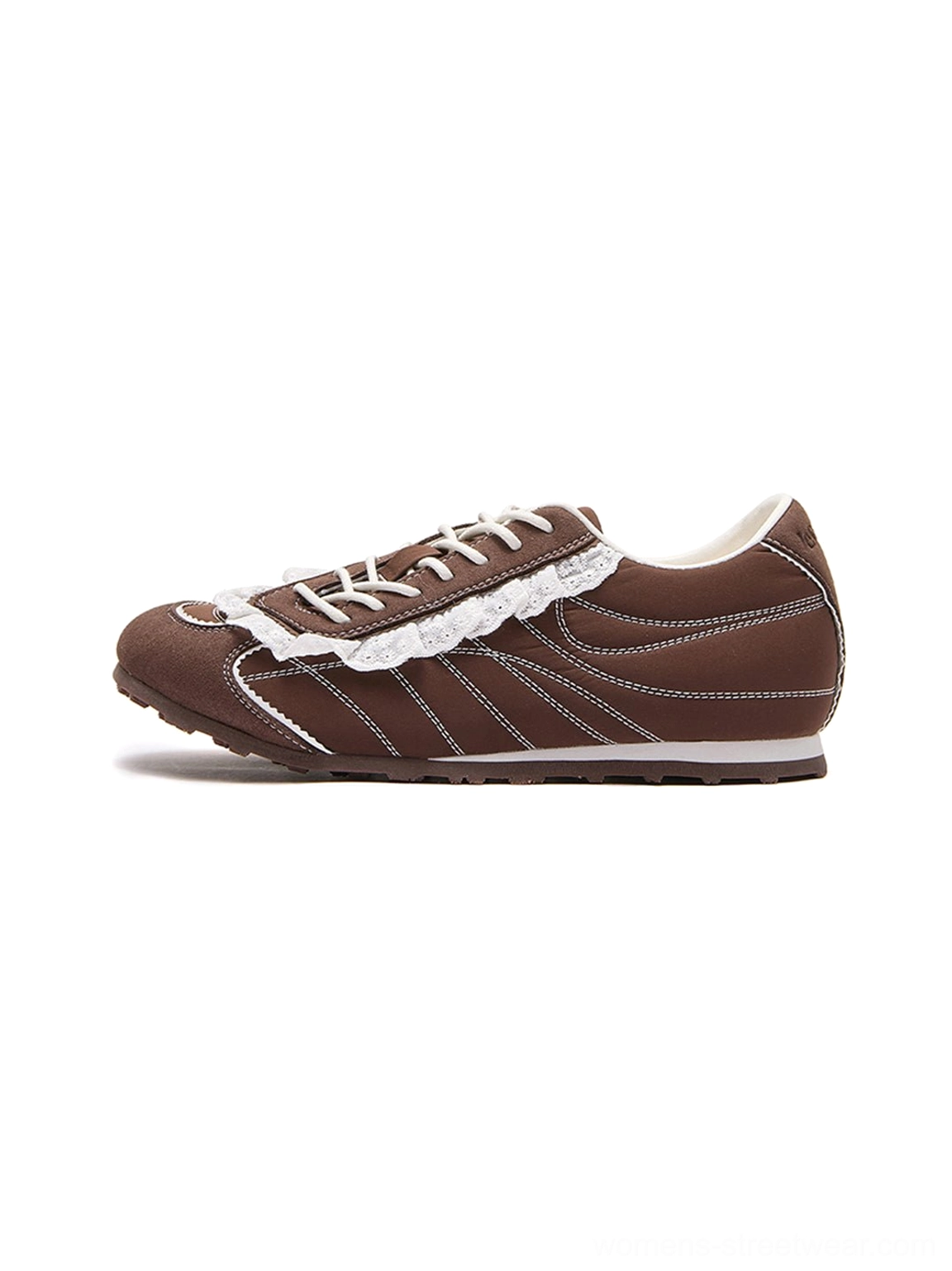 Brown frilled low-profile retro trainer sneakers shown in a clean side profile with white laces contrast stitching and a slim rubber outsole