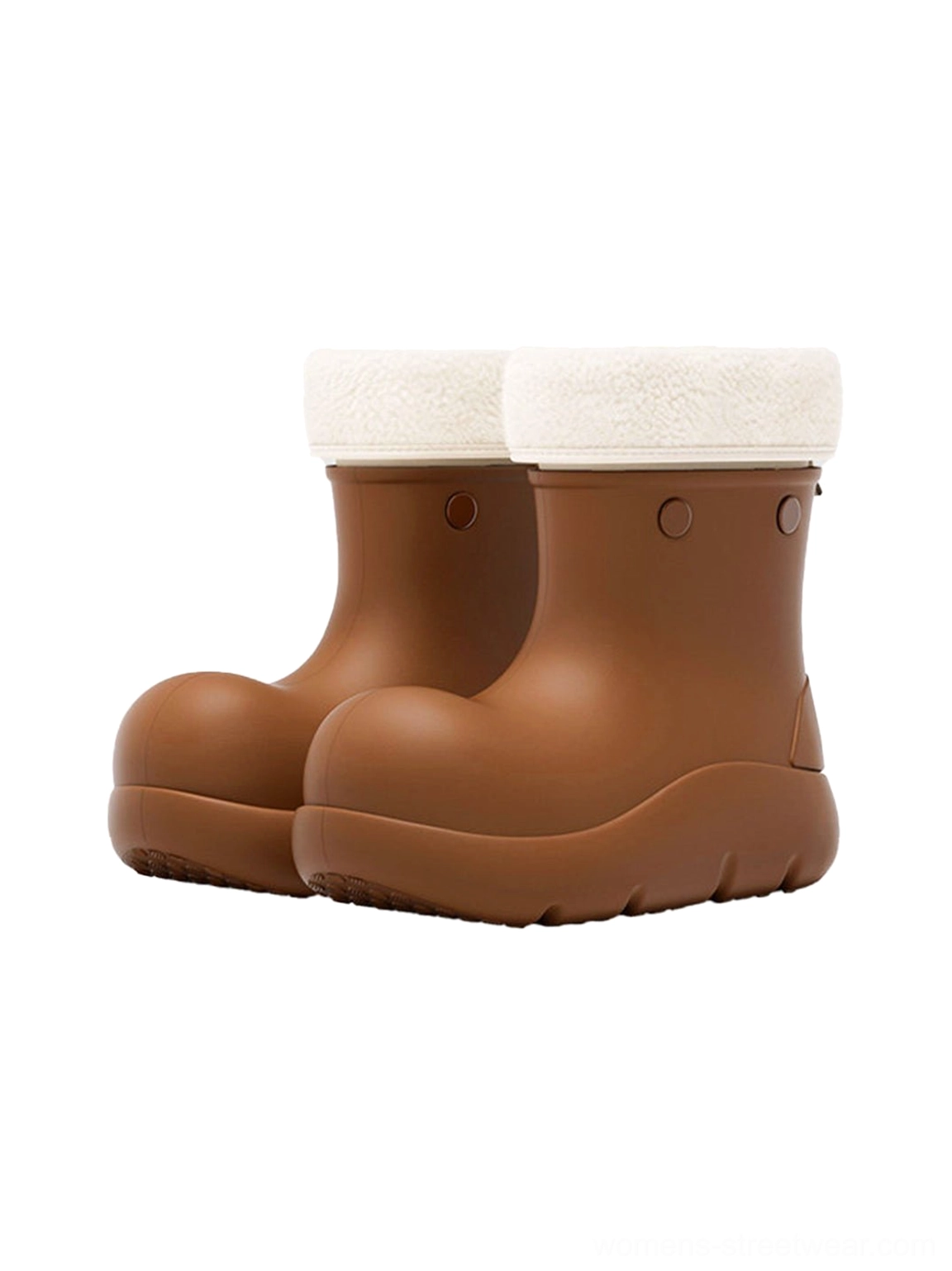 Front view pair of brown fur-lined platform ankle boots with ivory fluffy collars, side studs, thick soles, and rear zipper hardware