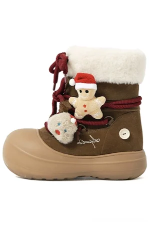 Brown gingerbread charm platform winter snow boot left side view with white faux wool cuff burgundy rope laces and tan chunky sole