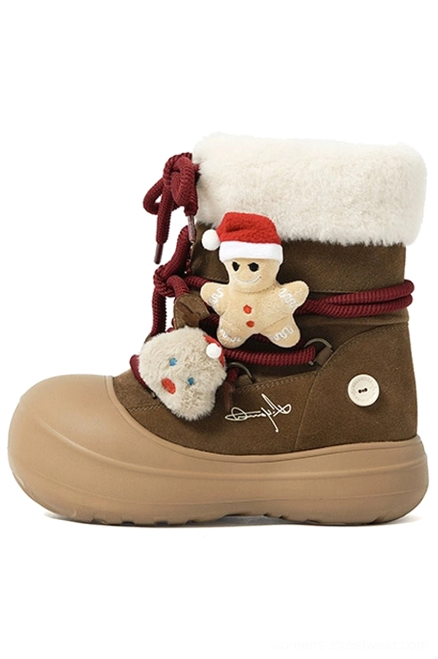 Brown gingerbread charm platform winter snow boot left side view with white faux wool cuff burgundy rope laces and tan chunky sole