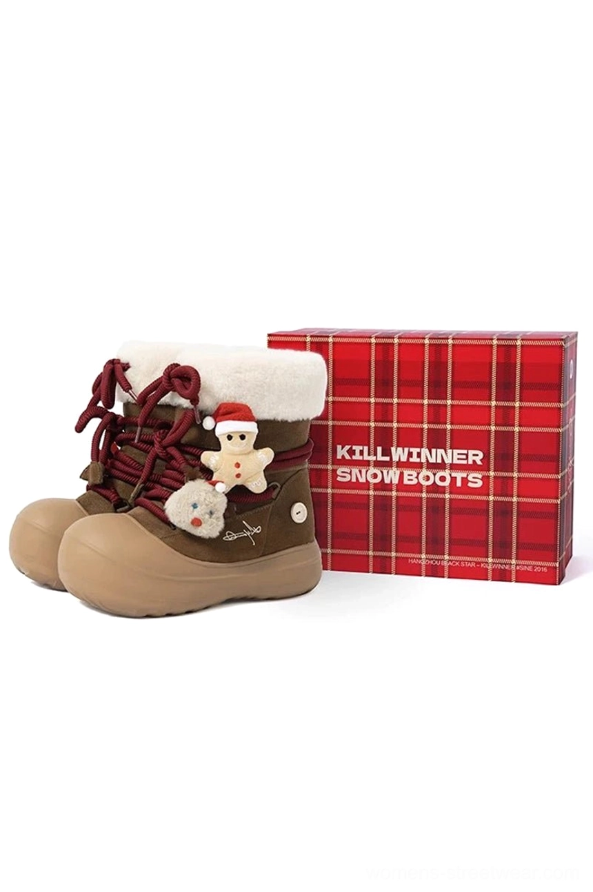 Brown festive gingerbread charm winter snow boot with white faux wool cuff chunky platform sole and red plaid gift box