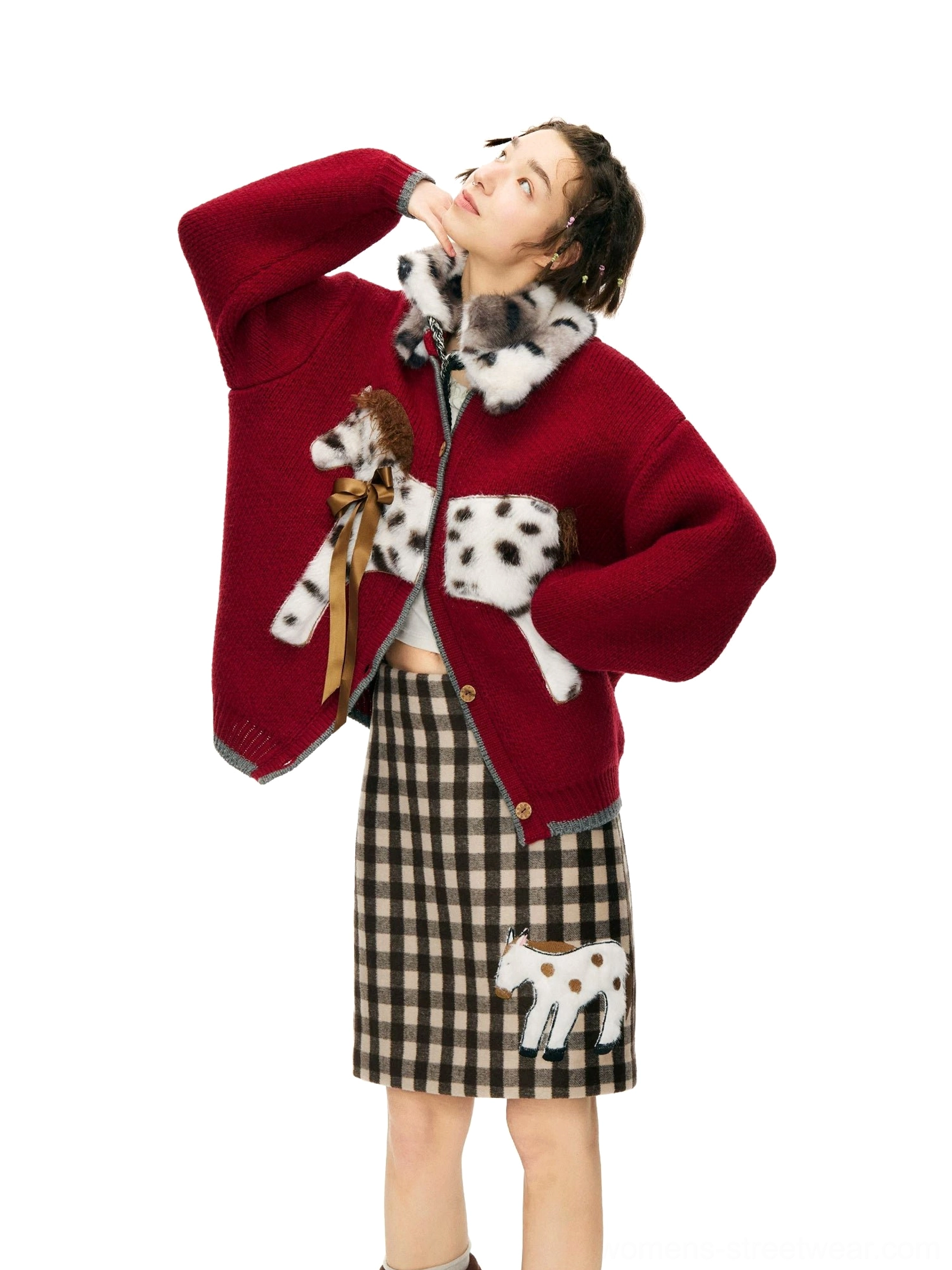 Brown gingham pony appliqué mini skirt paired with a burgundy fuzzy collar coat in a Korean streetwear studio outfit
