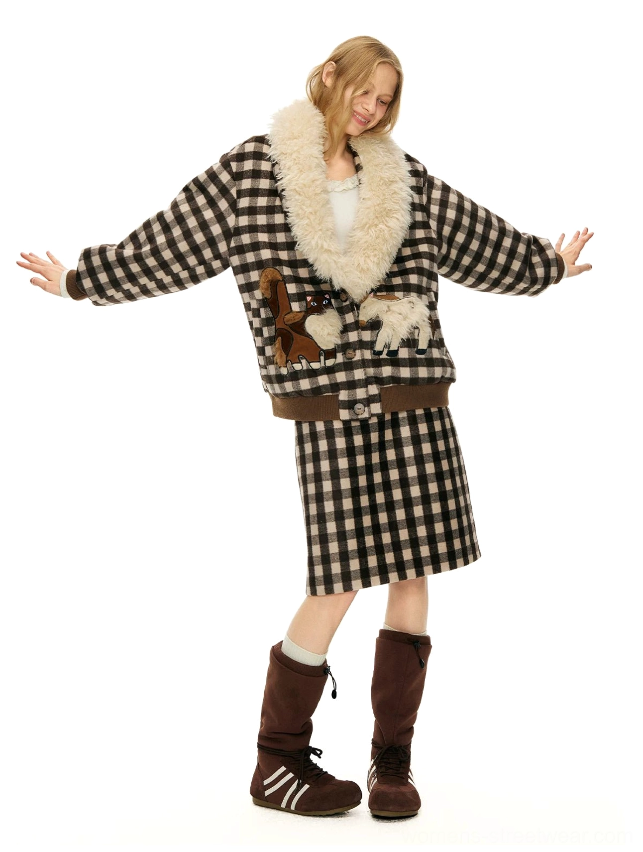 Brown gingham pony appliqué wool blend mini skirt and matching checkered fuzzy collar coat in a full body studio look