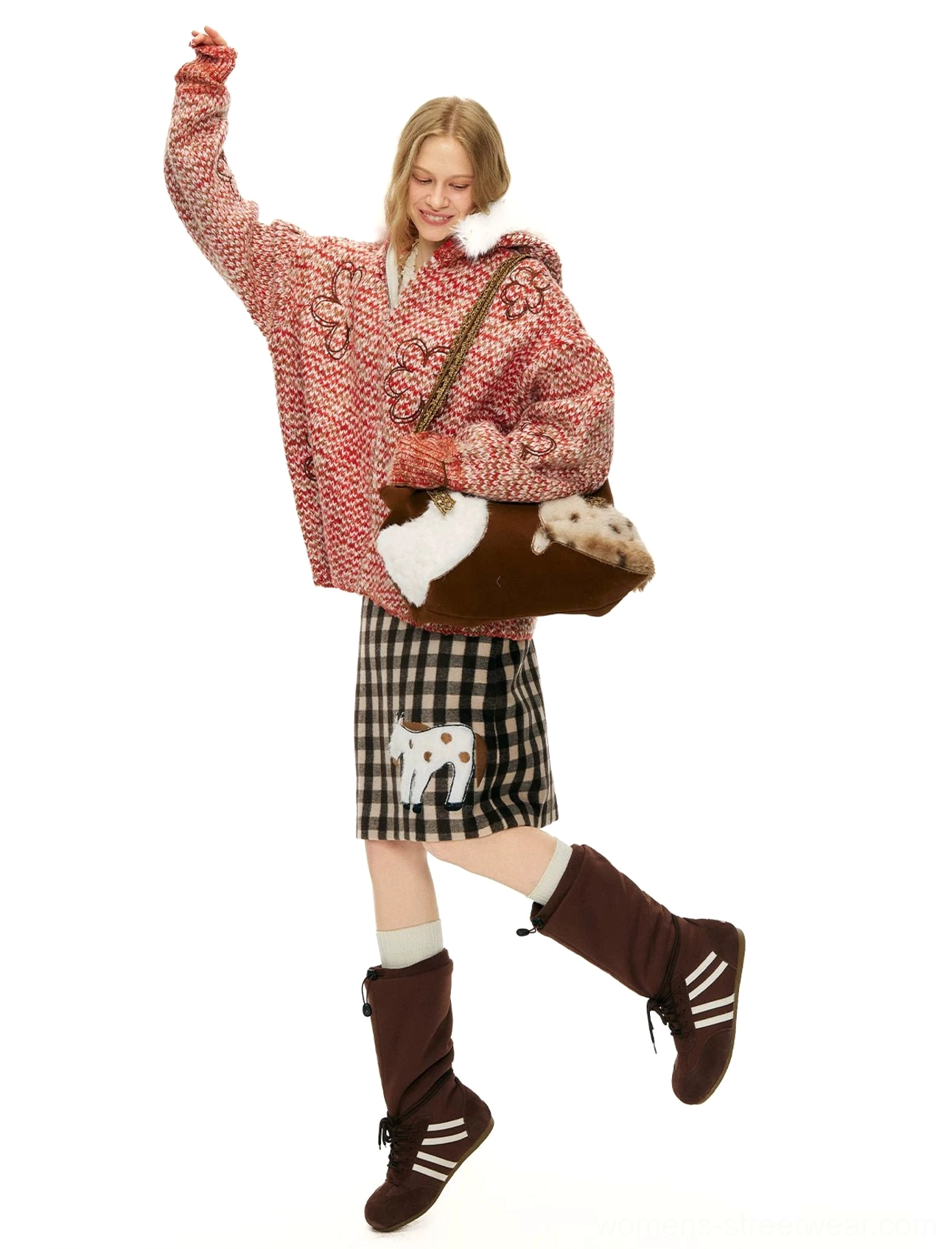 Brown gingham pony appliqué mini skirt styled with a pink tweed cropped jacket and spotted fuzzy handbag