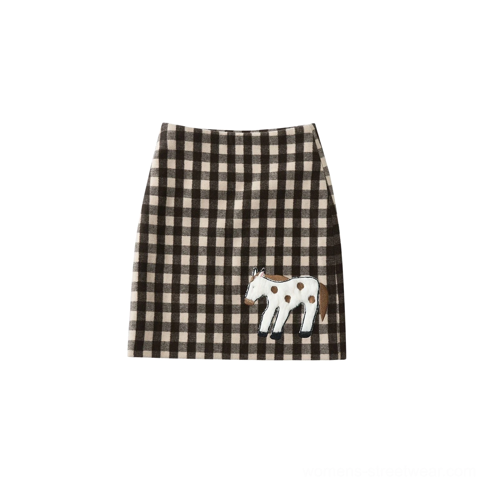 Brown gingham pony appliqué wool blend mini skirt with fluffy spotted pony detail and straight mini silhouette