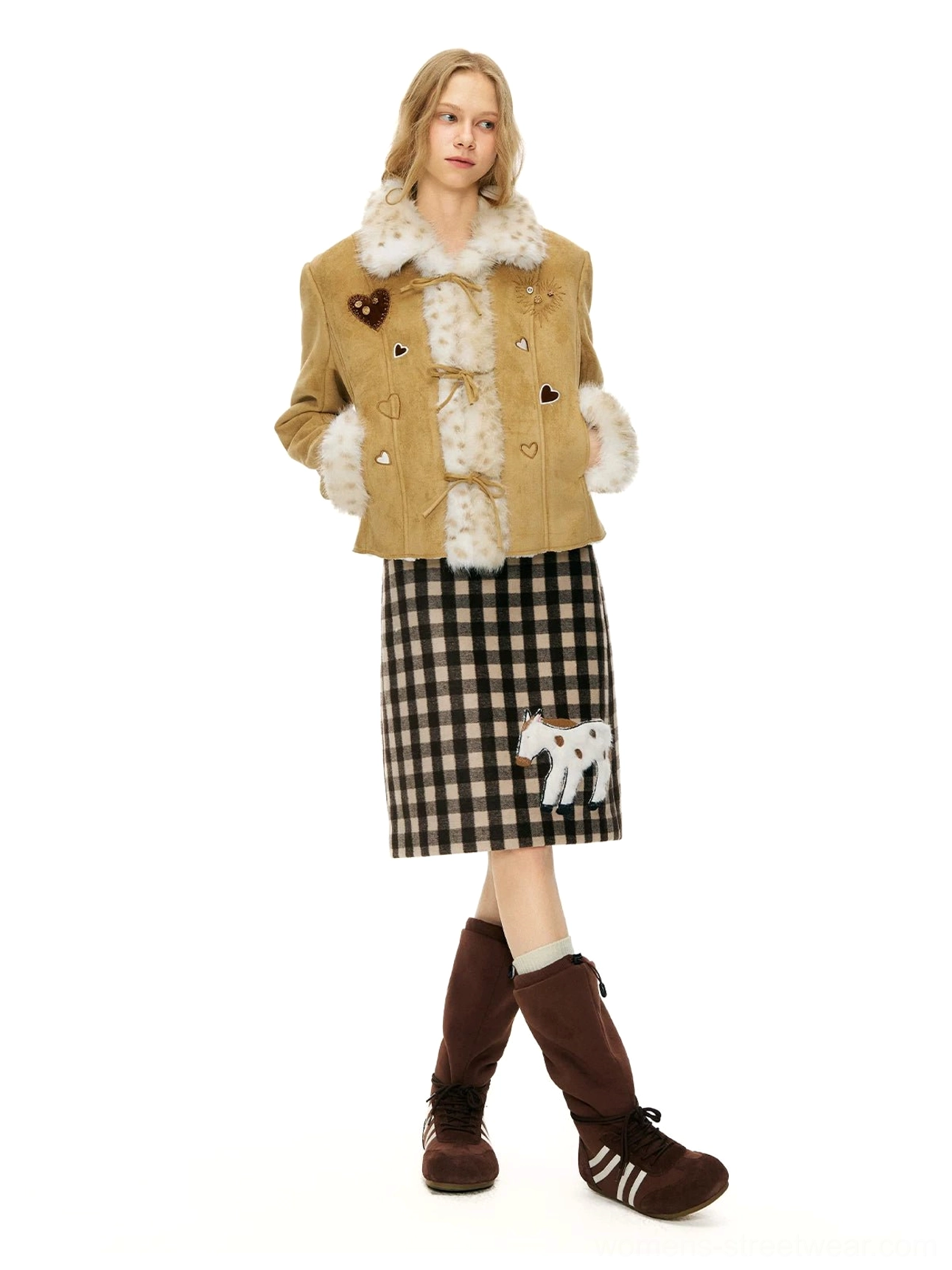 Brown gingham pony appliqué wool blend mini skirt Seoul streetwear fashion product detail view