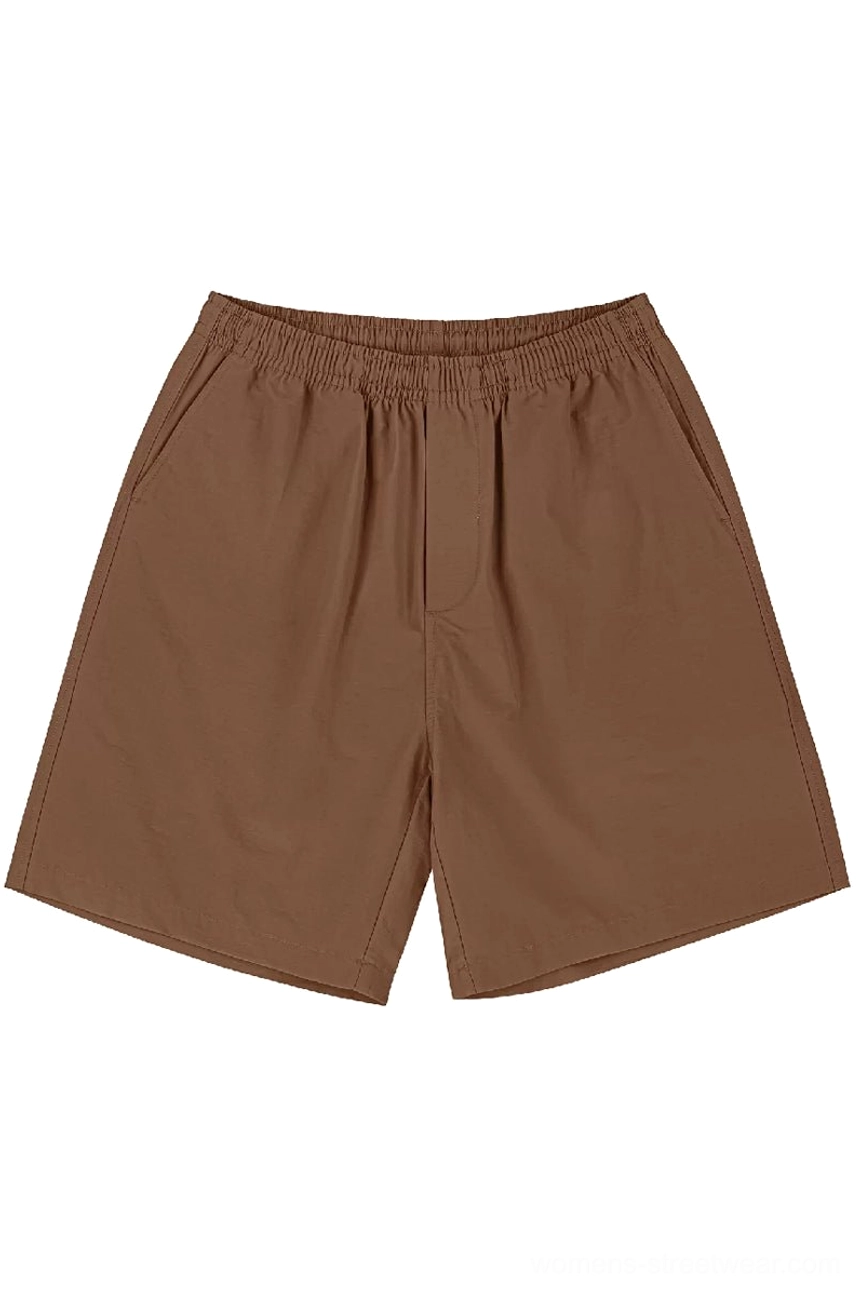 Warm brown heavyweight cotton casual shorts with elastic waist and versatile relaxed straight-leg streetwear style