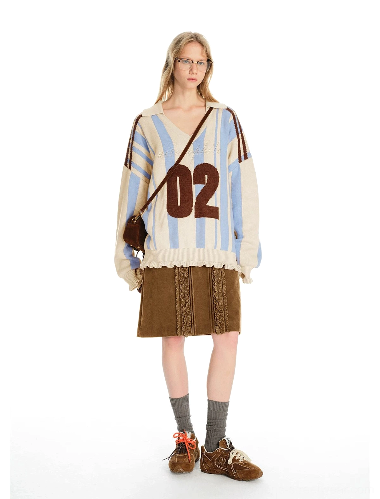 Brown high waisted lace detail midi skirt styled with a number 02 striped knit sweater for casual East Asian streetwear