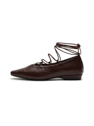 Brown lace-up pointed Mary Jane ballet flat side profile with slim low heel and wraparound ankle tie on white background