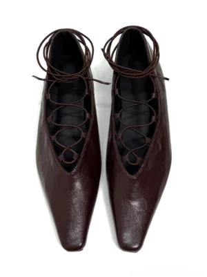 Pair of brown pointed toe lace-up Mary Jane ballet flats with crisscross vamp straps viewed from above on white background