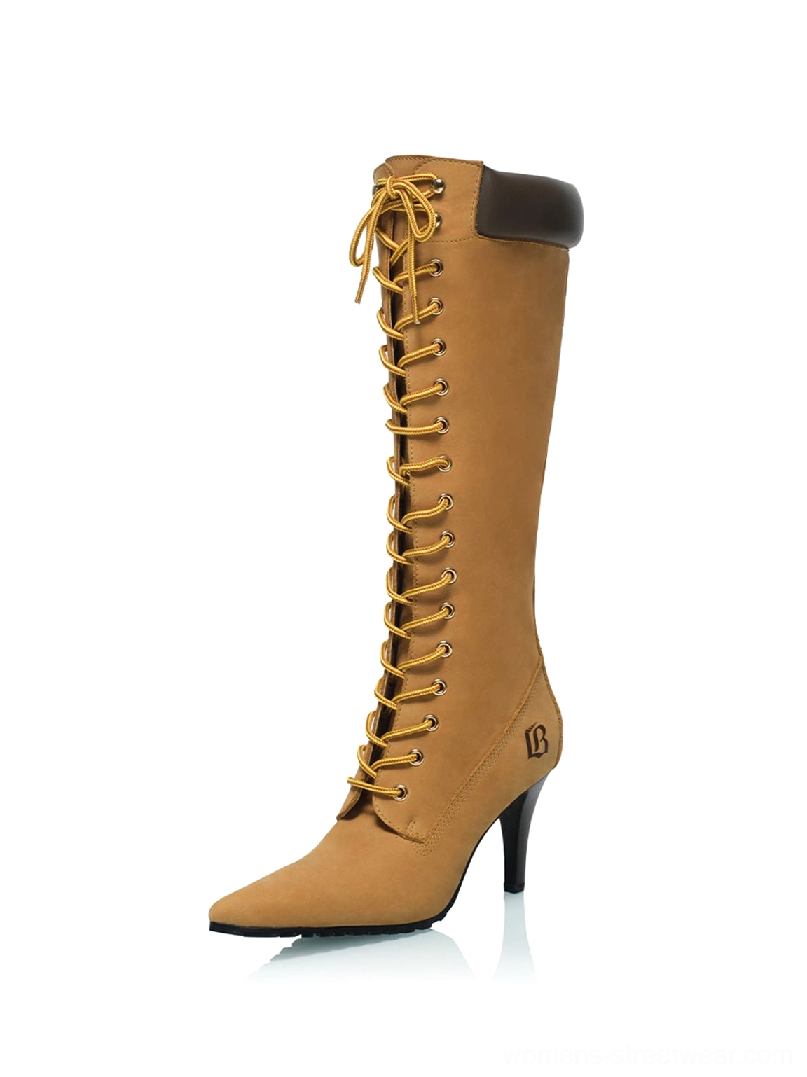 Right front product view of brown lace-up pointed toe knee-high stiletto boot with contrast collar