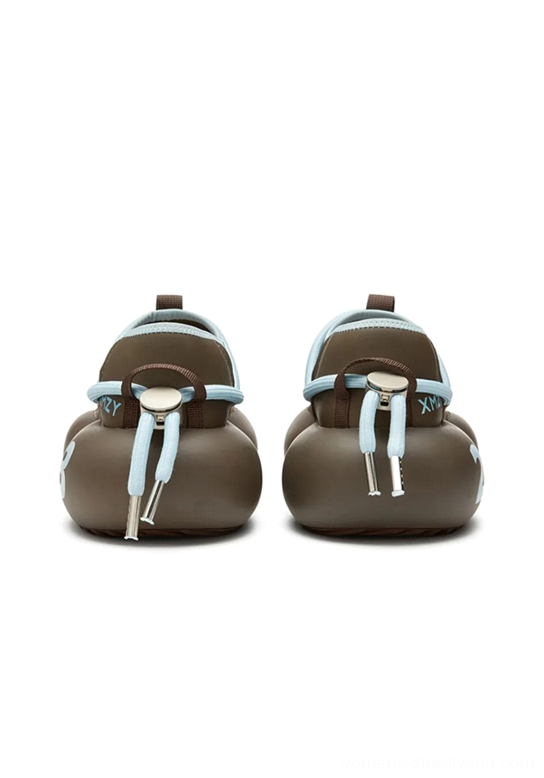 Back view of brown leather chunky sneakers with light blue speed laces, metal tension toggles, and 23 printed heel sole