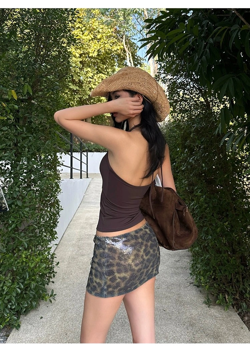 Brown leopard sequin mini skirt with subtle sheen for modern feminine streetwear wardrobes