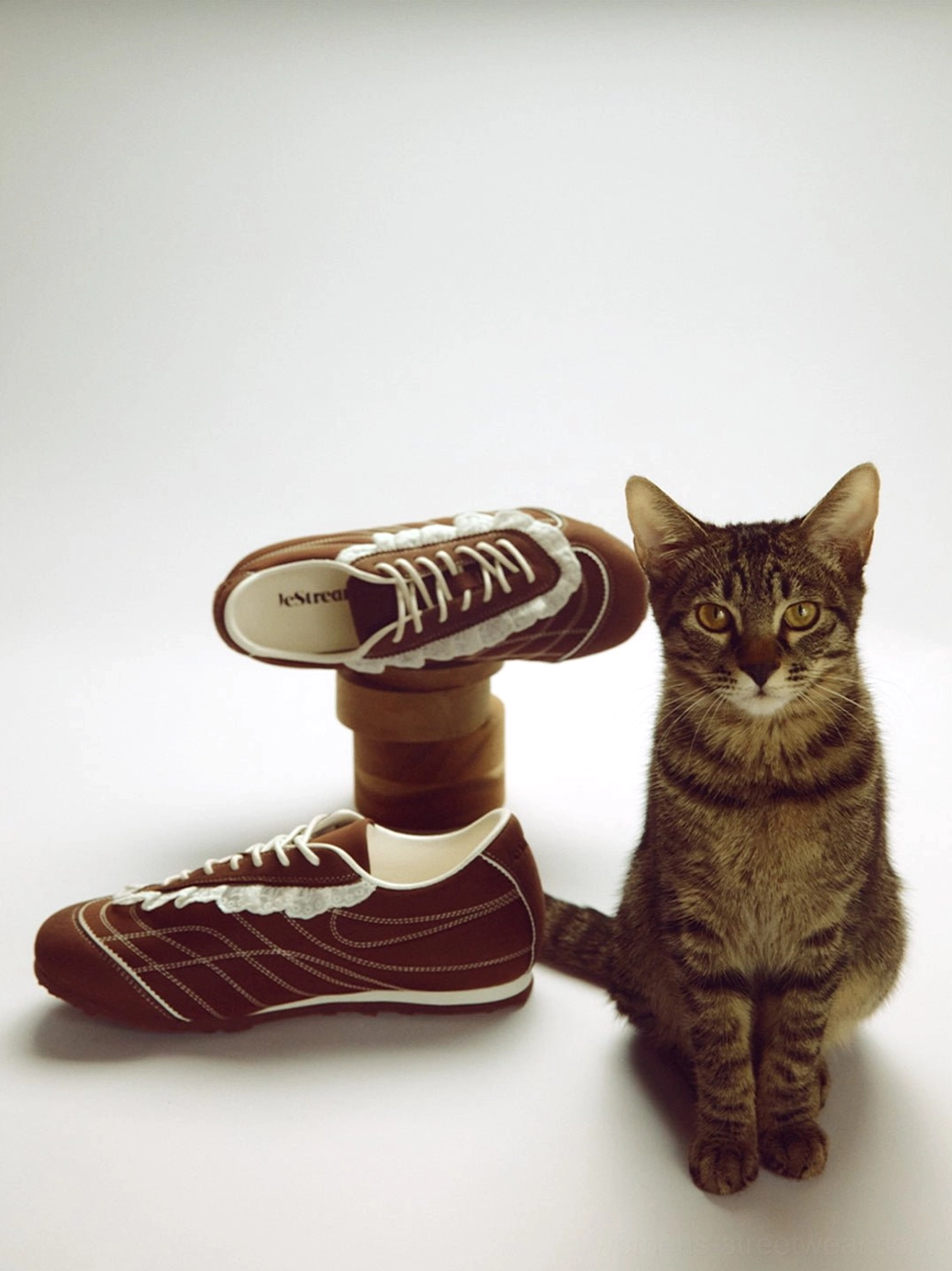 Brown low-profile frilled sneakers stacked to show the side silhouette white laces and retro streetwear design