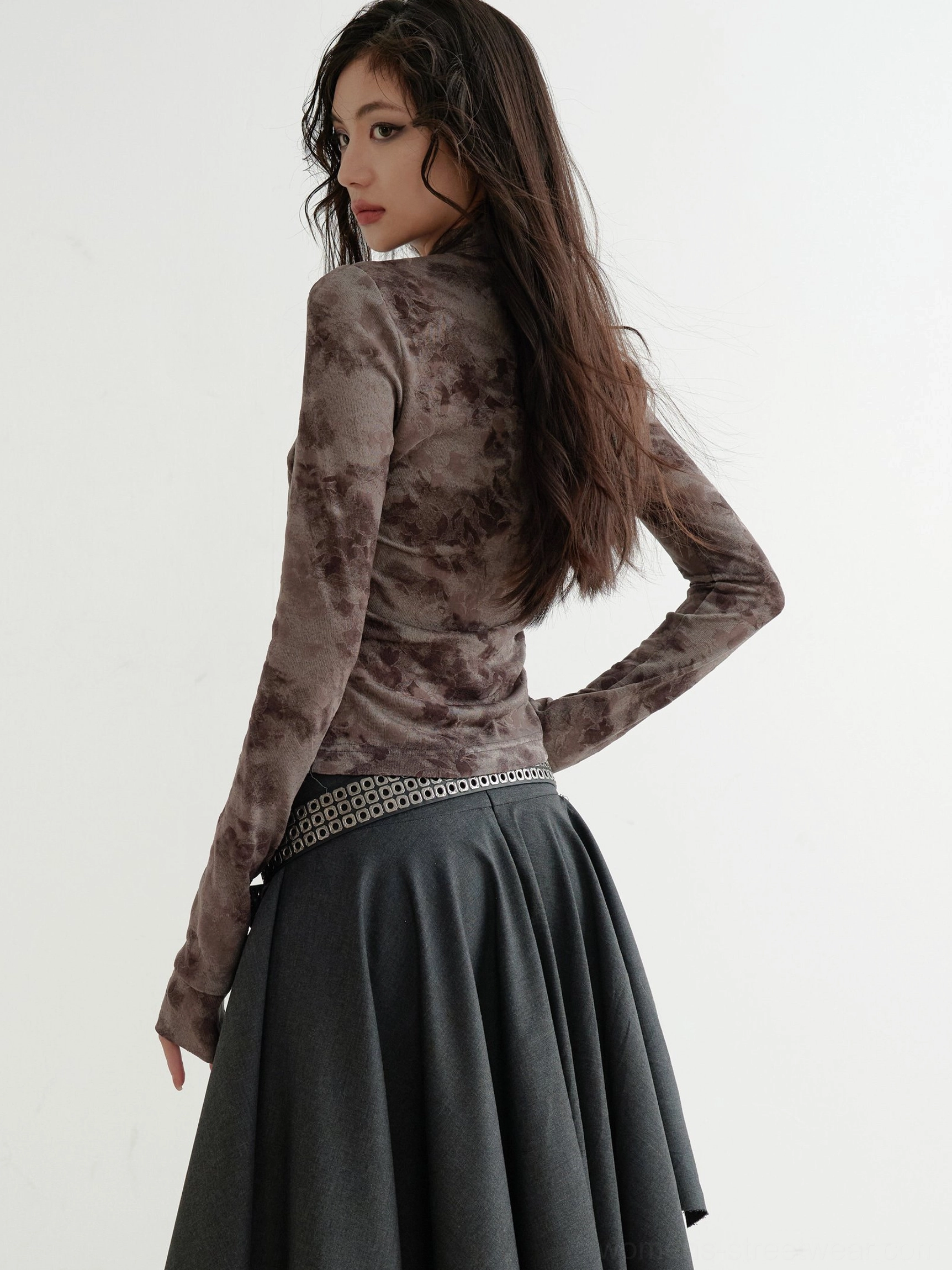 Back three-quarter view of brown marble print fitted long-sleeve streetwear shirt