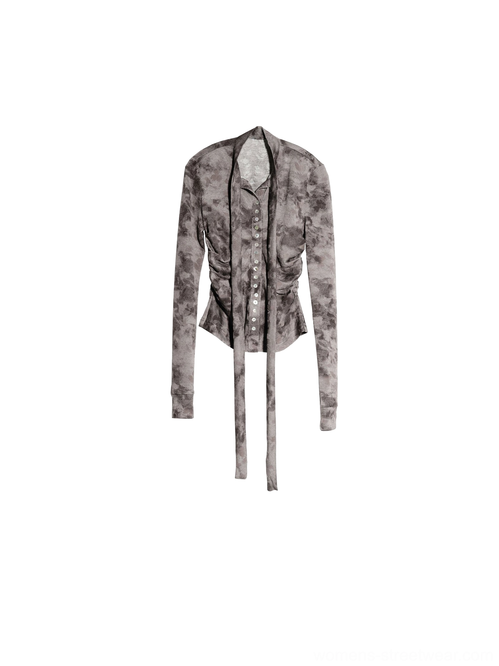 Brown marble print tie-waist slim fit shirt flat lay showing snap buttons and neck tie