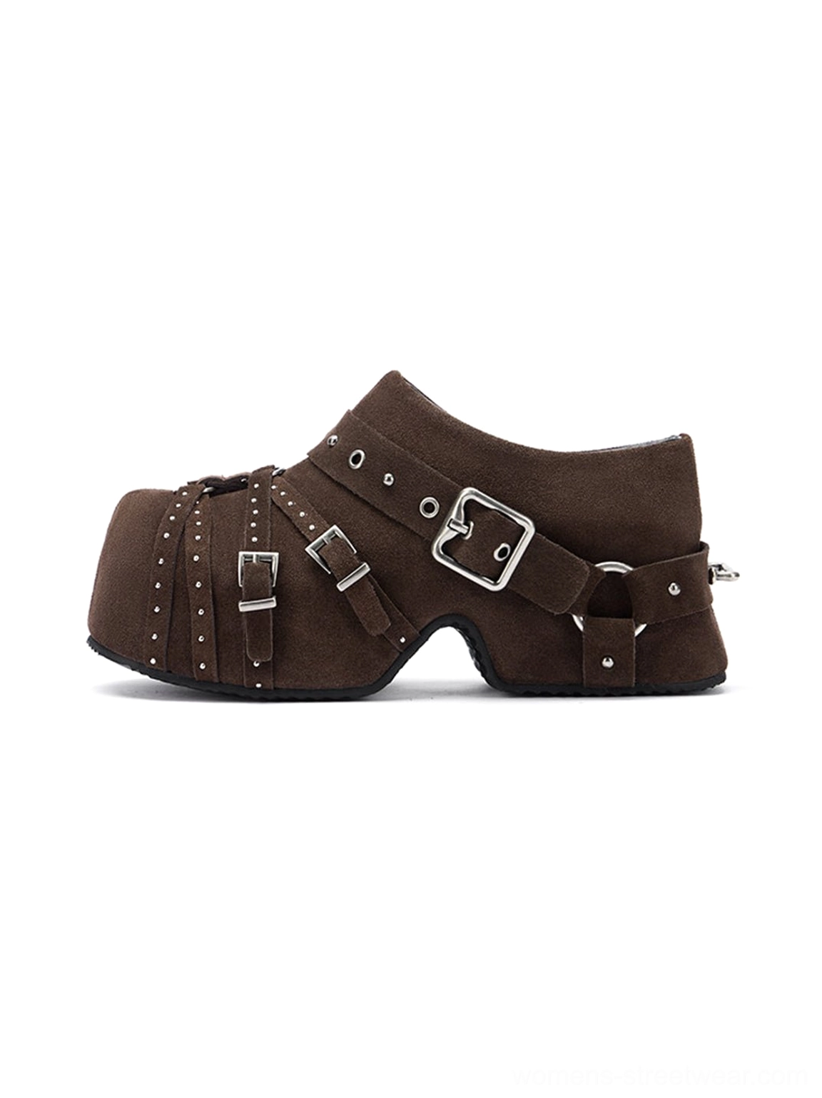 Brown multi-buckle studded closed-toe mules with western utility details, metal rivets, and sculpted chunky heel