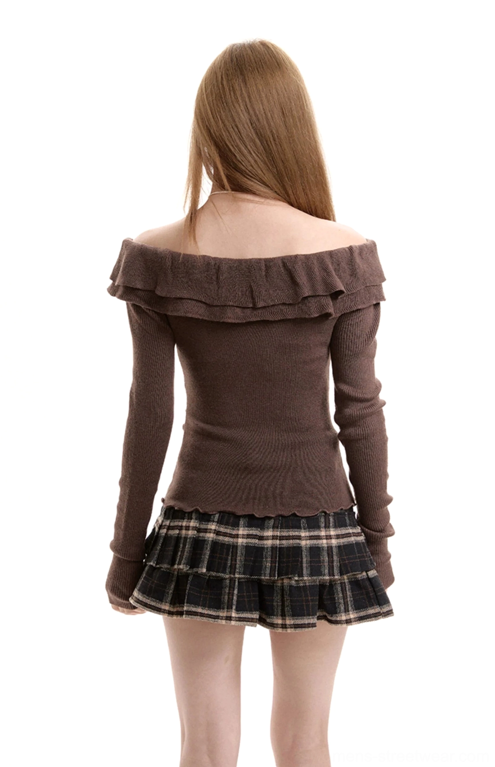 Back view of brown off-shoulder ribbed knit sweater with clean fitted silhouette long sleeves and curved hem