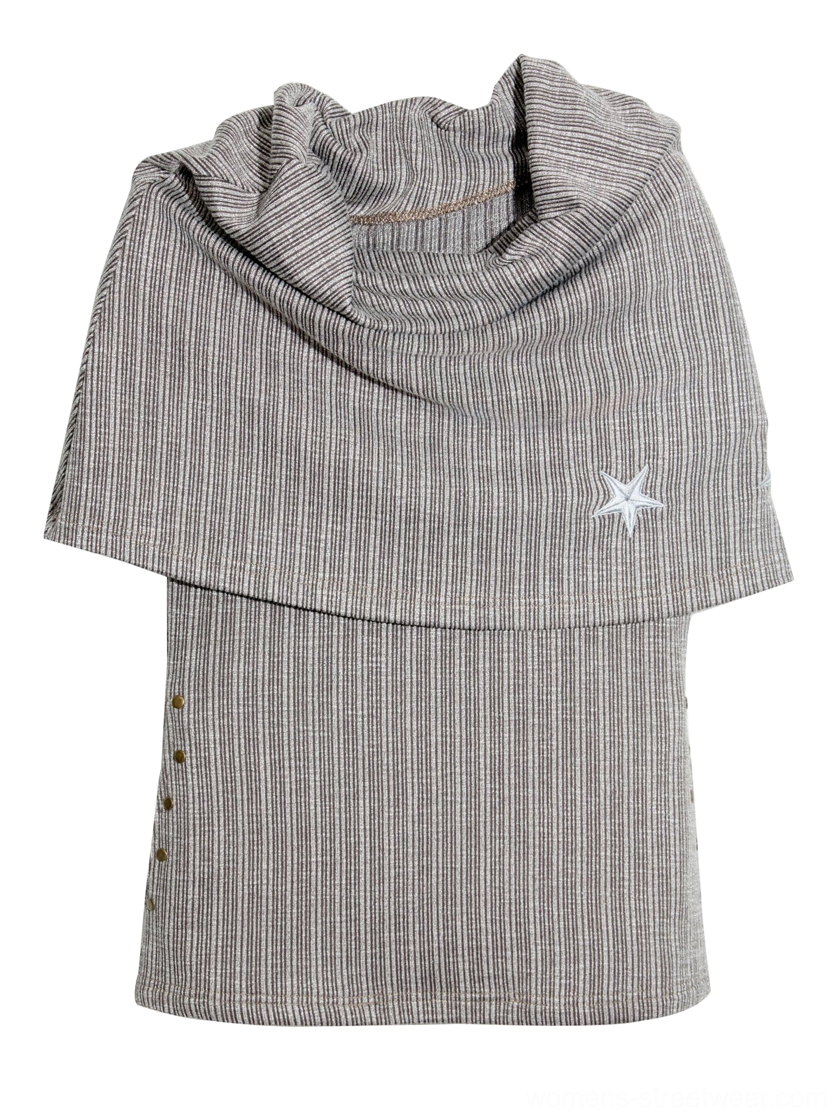Flat lay of brown asymmetric off-shoulder star embroidered pinstripe knit top showing folded draped collar and metal side snap buttons