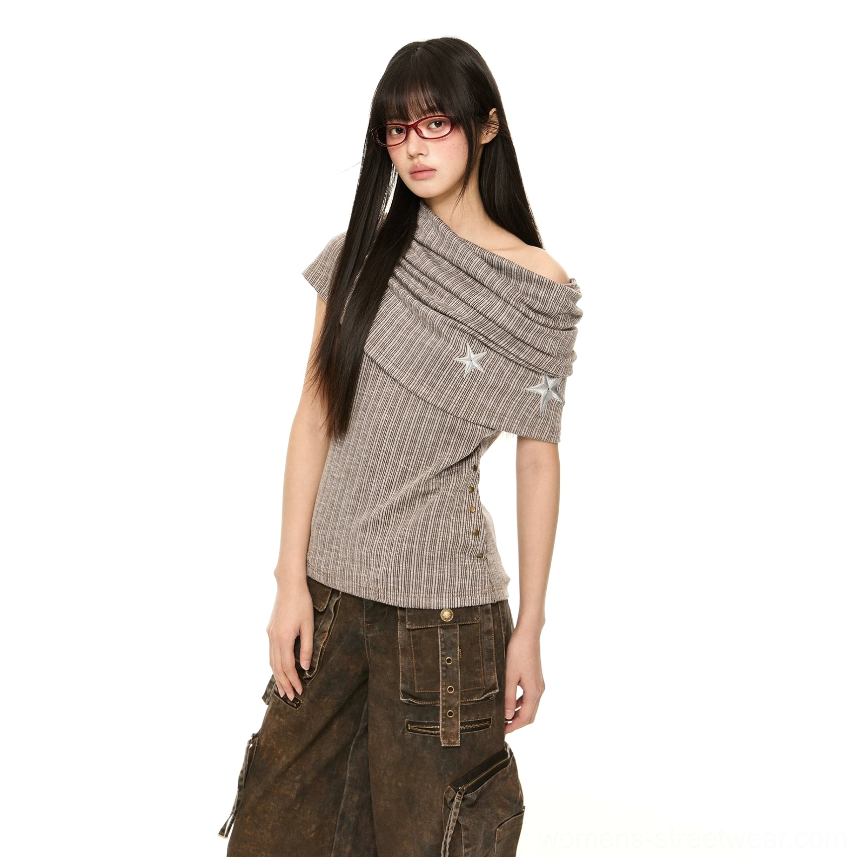 Brown off-shoulder star embroidered pinstripe knit top front view styled with multi-pocket cargo pants for Korean streetwear