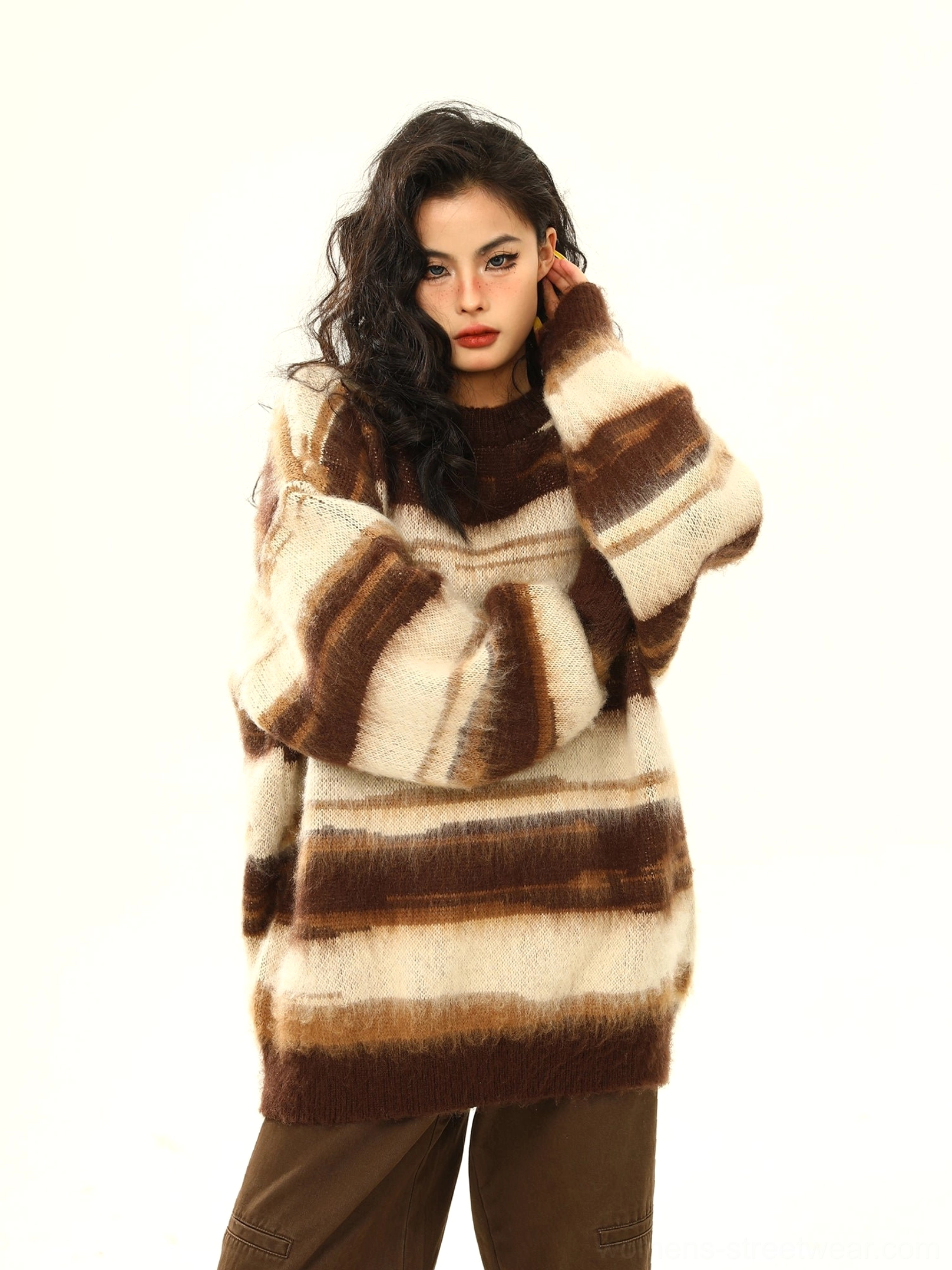 Brown and off white fuzzy striped oversized crewneck sweater three quarter front view