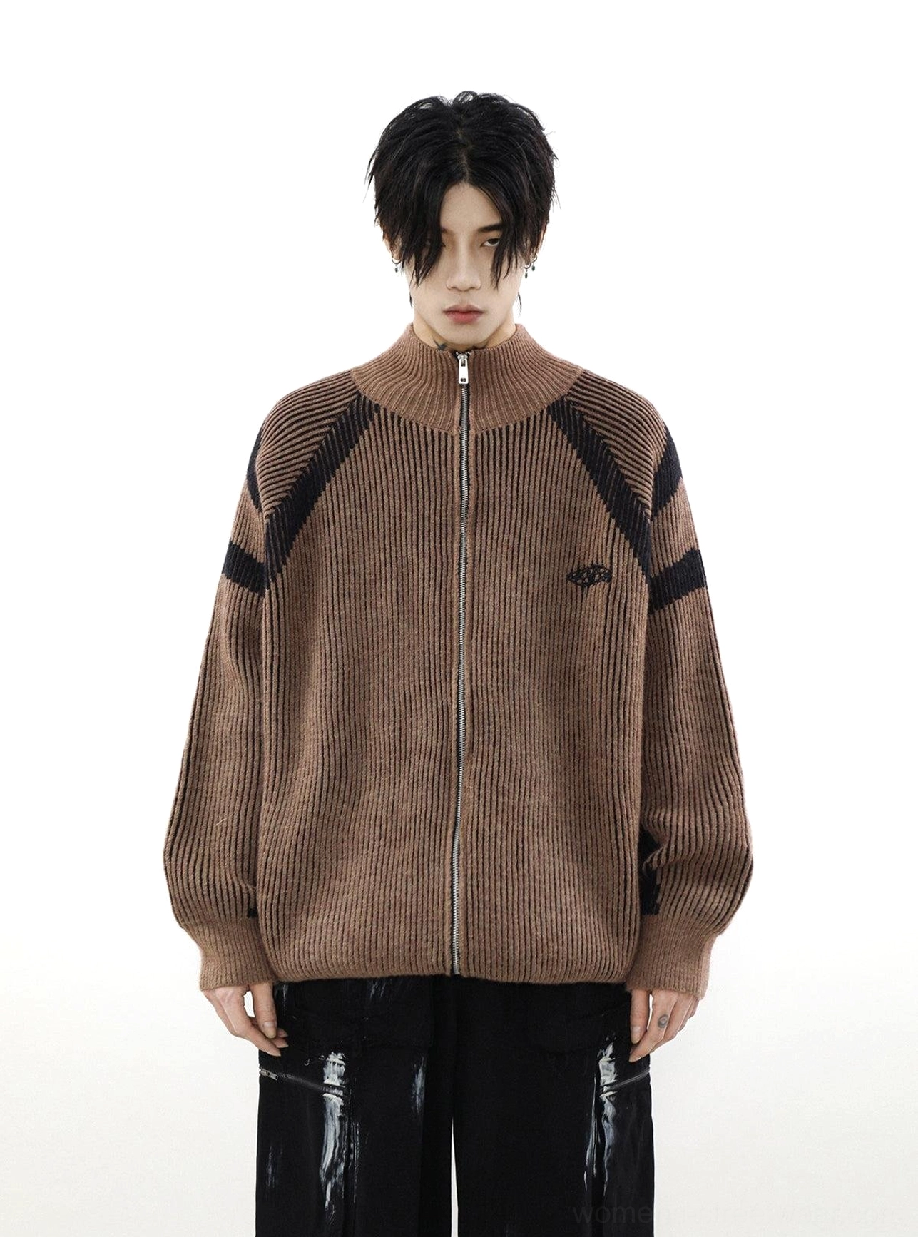 Brown oversized high-neck knit zip cardigan with ribbed fabric, contrast stripe accents, and Korean streetwear styling