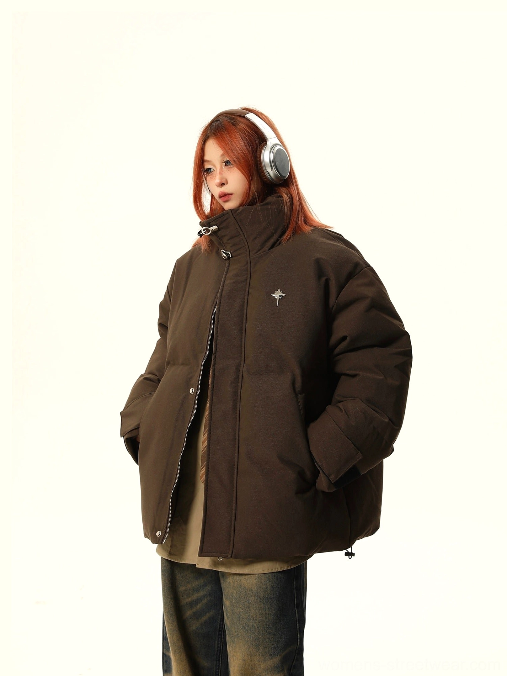 Brown oversized stand collar puffer jacket three quarter side view in Korean streetwear styling