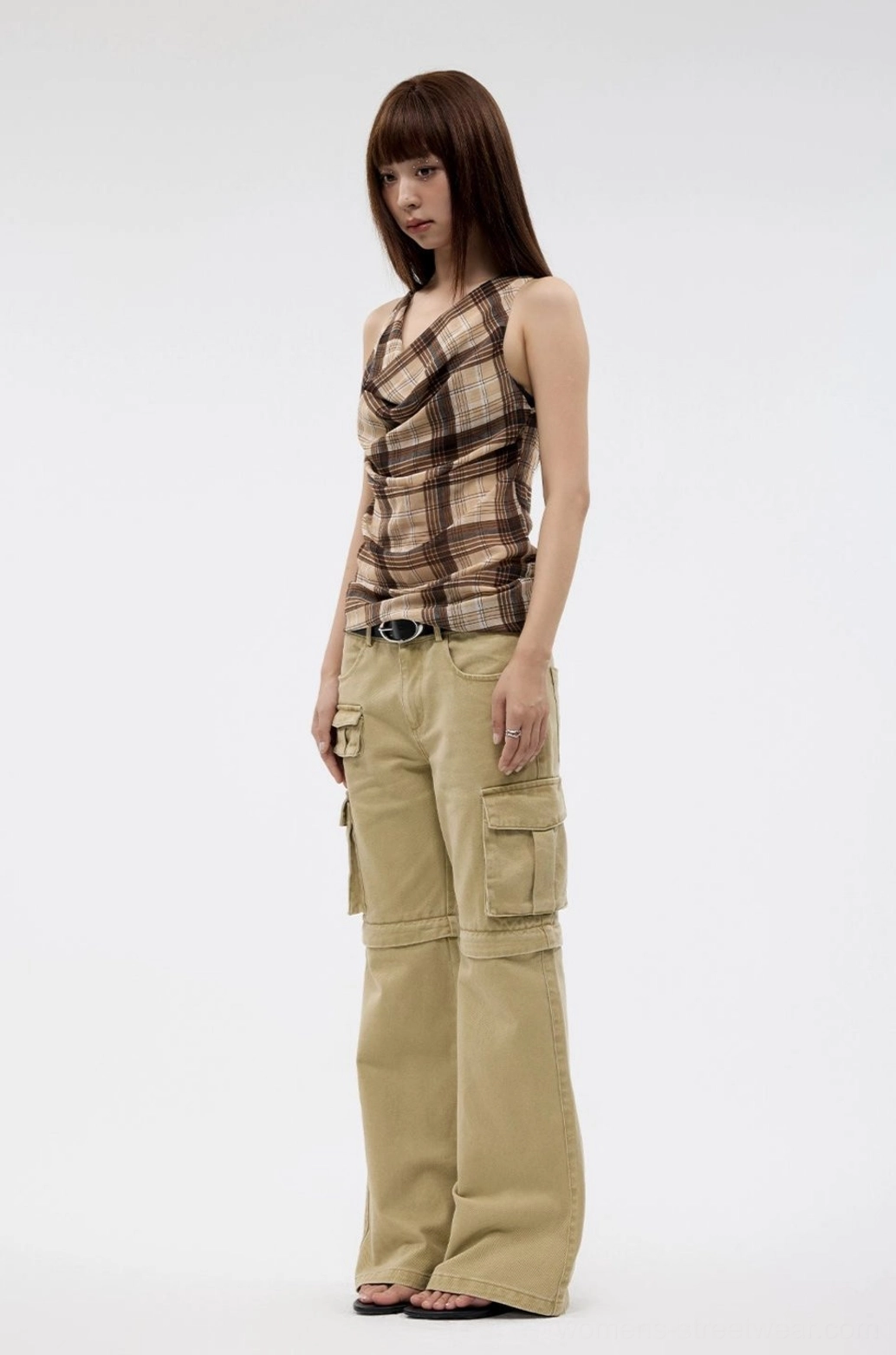 Brown plaid cowl neck sleeveless women tank top full front studio outfit view