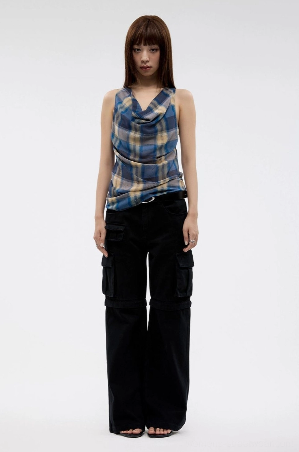 Brown plaid cowl neck tank top back detail fitted sleeveless women top