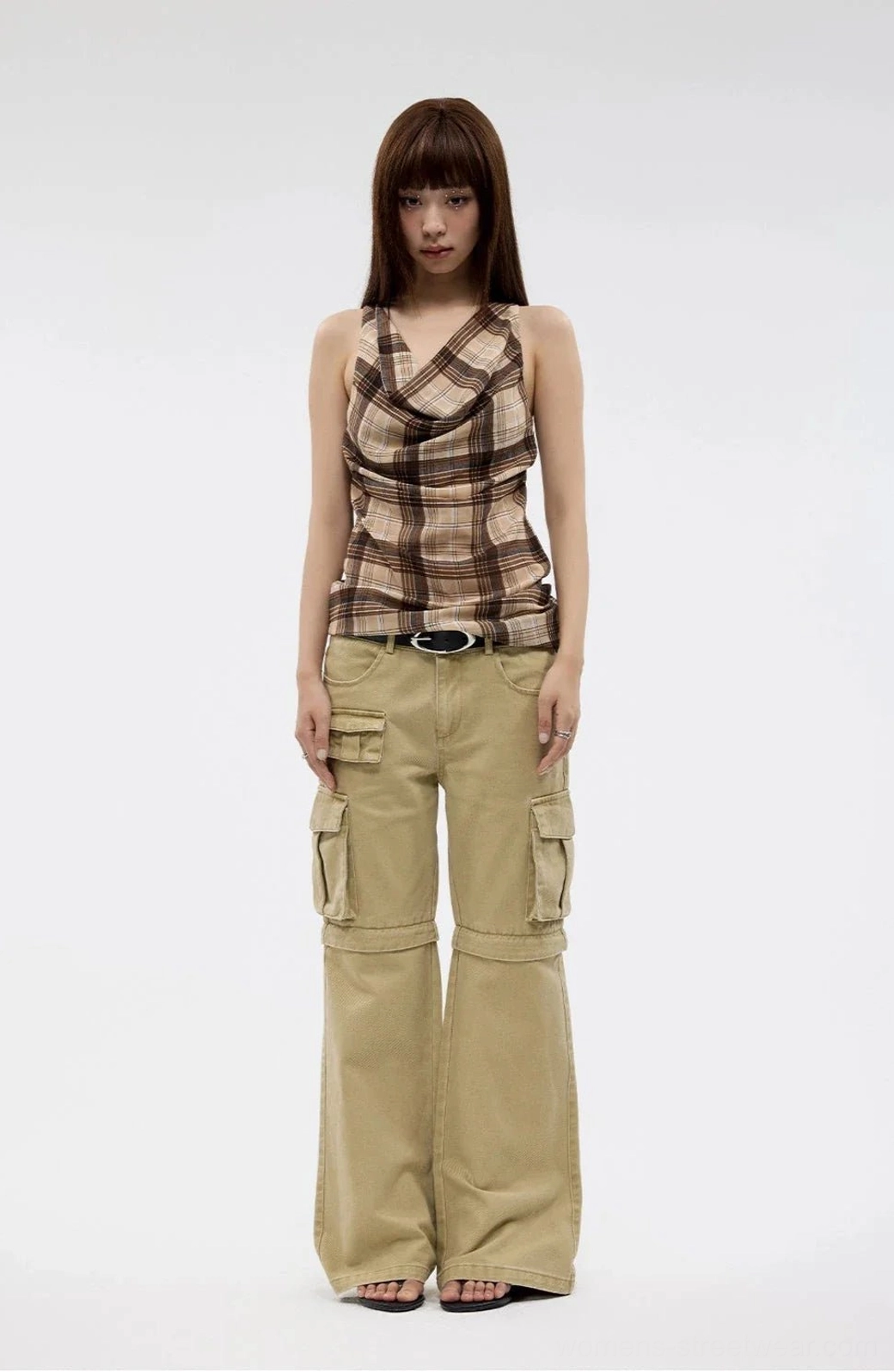 Brown plaid slim fit sleeveless tank top for women with draped cowl neckline