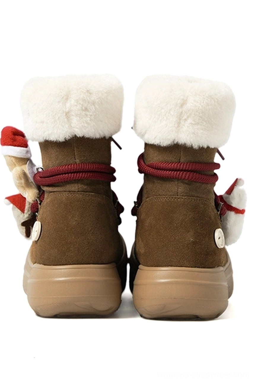 Pair of brown platform winter snow boots rear view showing white faux wool ankle cuffs burgundy laces festive charms and heel buttons