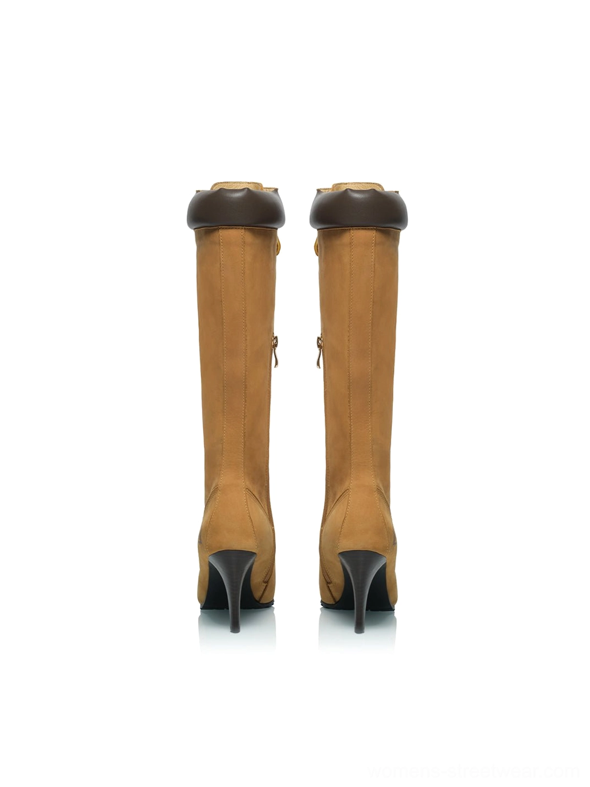 Rear view of brown pointed toe knee-high stiletto boots showing fitted shafts and slim heels