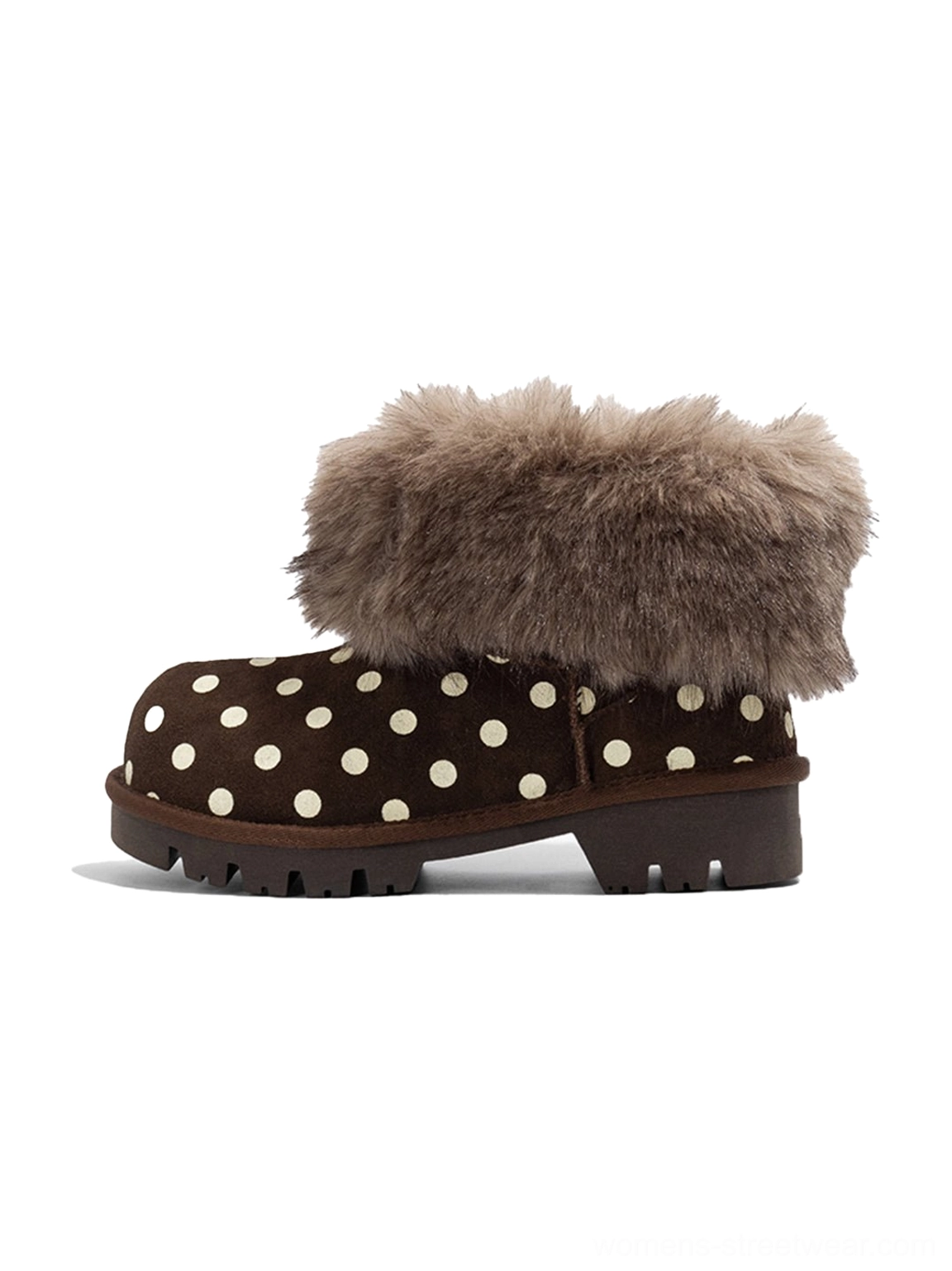 Brown polka dot faux fur cuff chunky platform snow boot left side profile on white background
