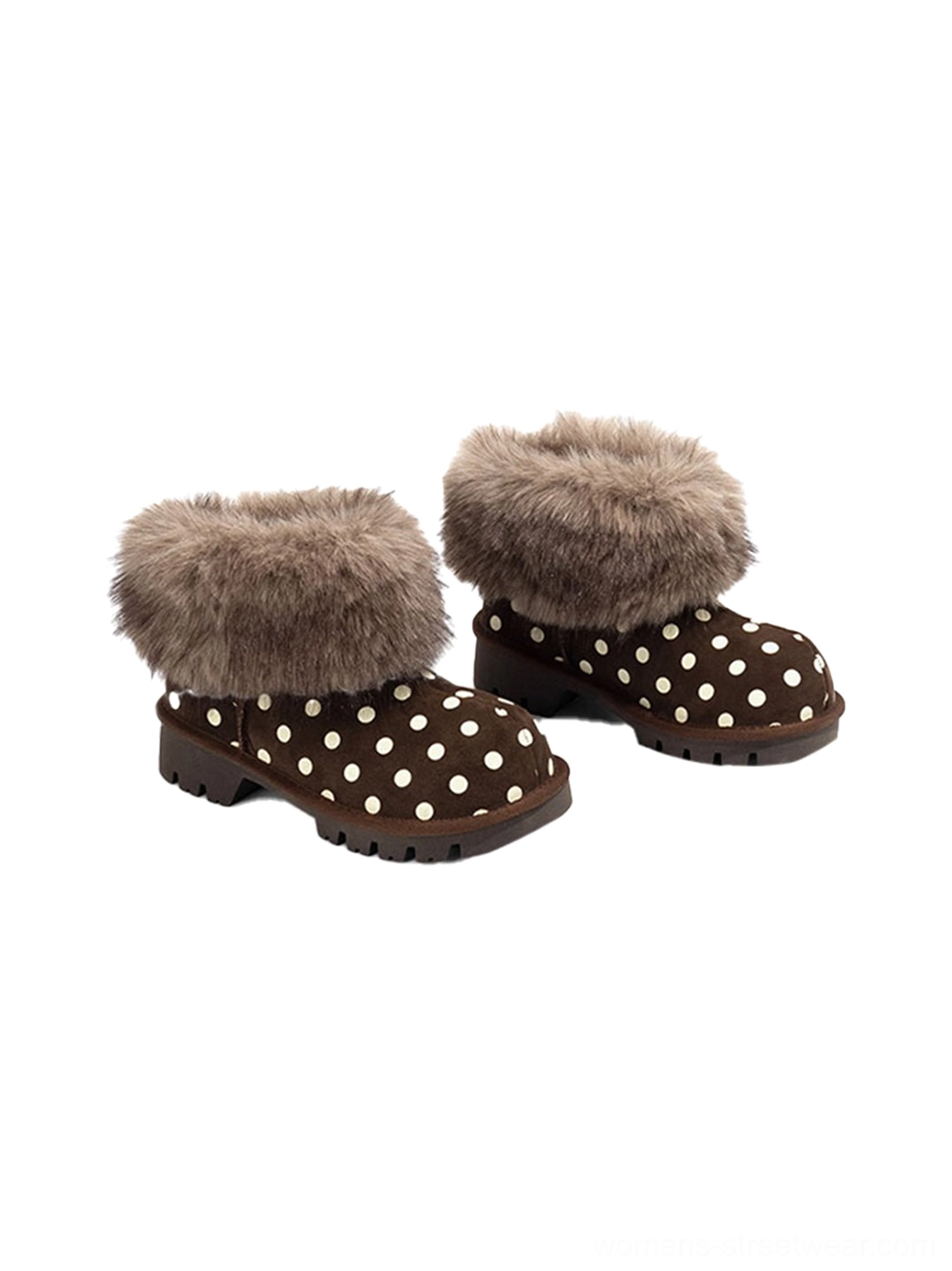 Pair of brown polka dot faux fur cuff chunky platform snow boots side view