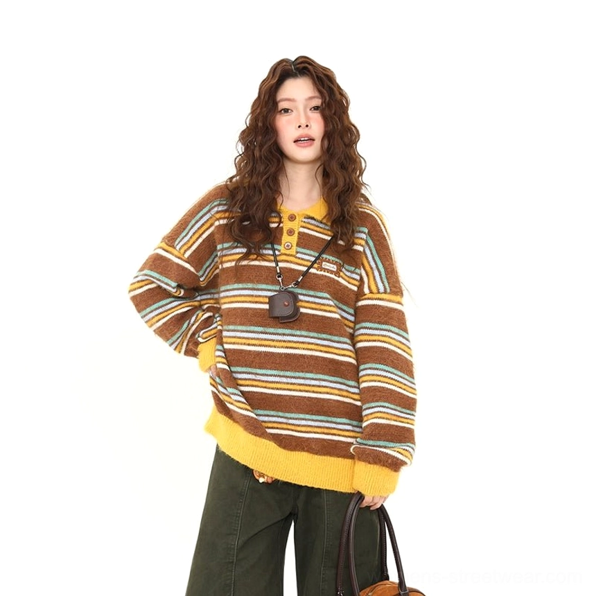 Front view of a brown retro striped fuzzy knit polo sweater with contrast collar, Henley placket, chest badge, and relaxed vintage streetwear styling