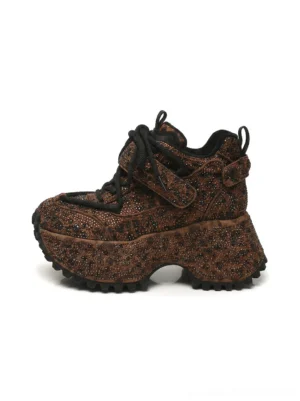 Brown rhinestone leopard platform sneakers with black laces ankle strap and chunky rugged sole side view