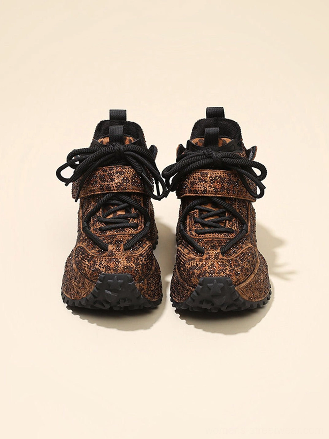 Front view of brown rhinestone leopard platform sneakers with black laces and adjustable ankle straps