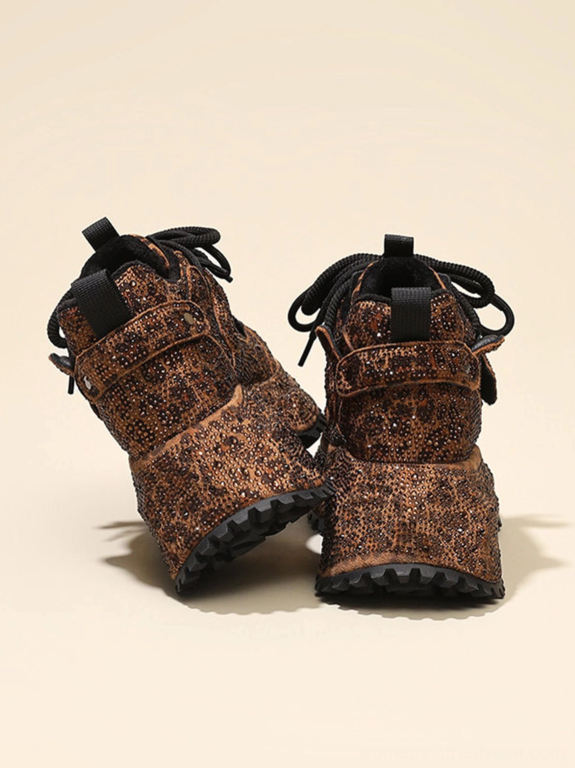 Back flat lay view of pair of brown rhinestone leopard platform sneakers with matching ankle strap details
