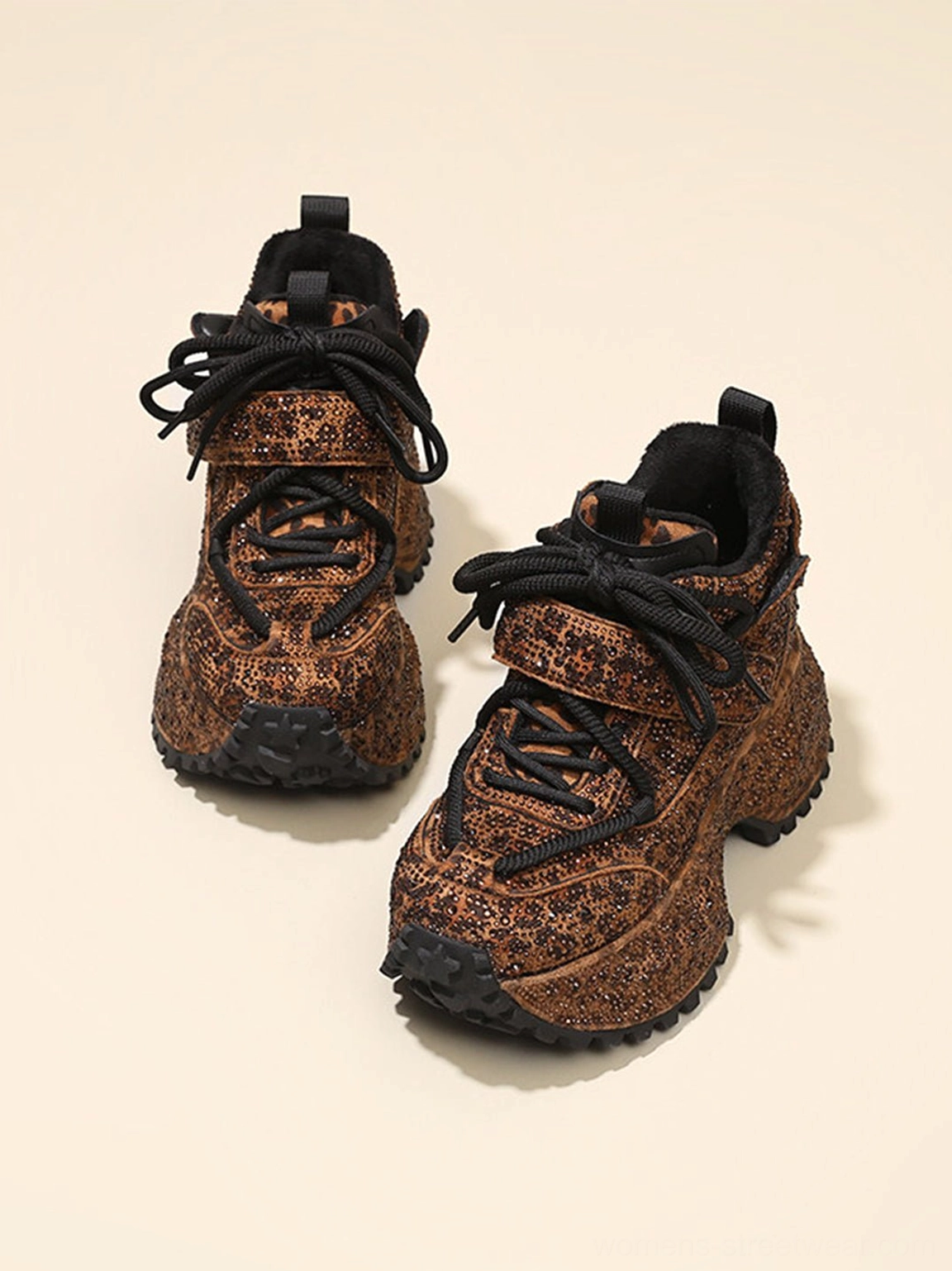 Brown rhinestone leopard platform sneakers detailed product view with sparkling leopard print and chunky sole