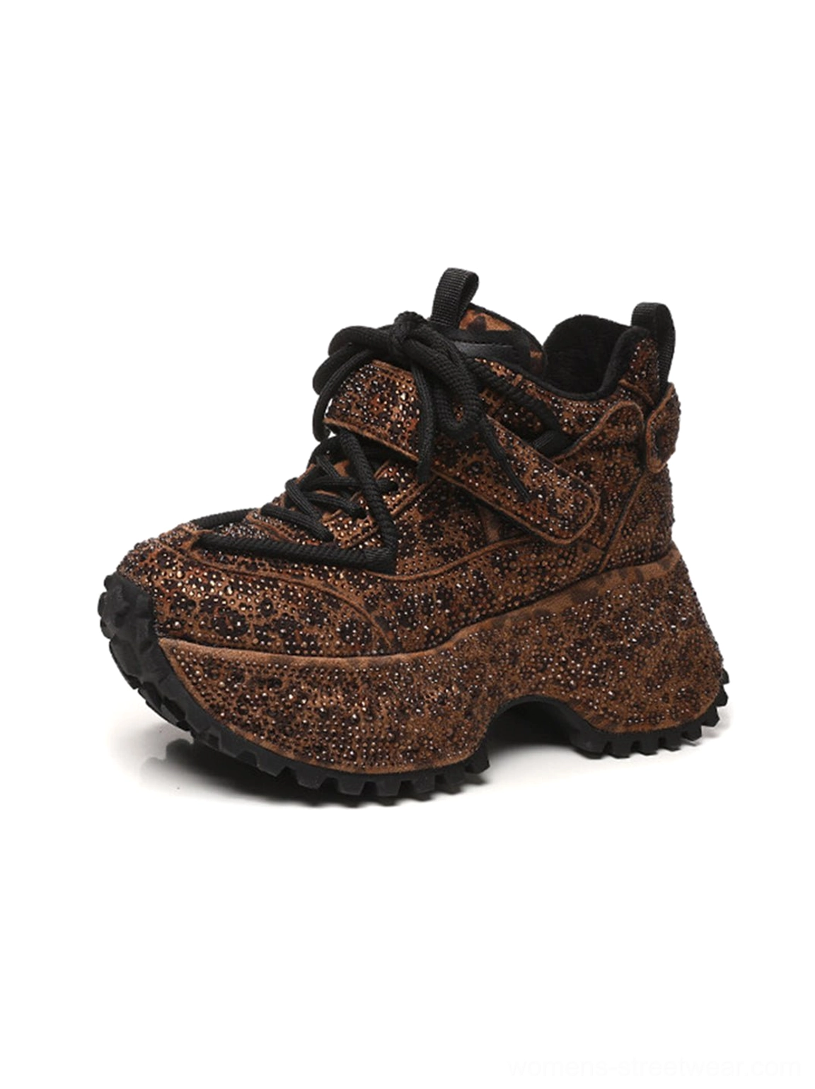 Brown rhinestone leopard platform sneakers women's Y2K streetwear footwear product detail view