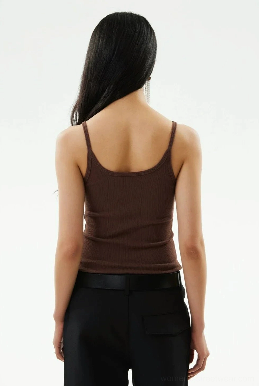 Back view of brown ribbed camisole tank top showing low-cut back and slim fitted silhouette