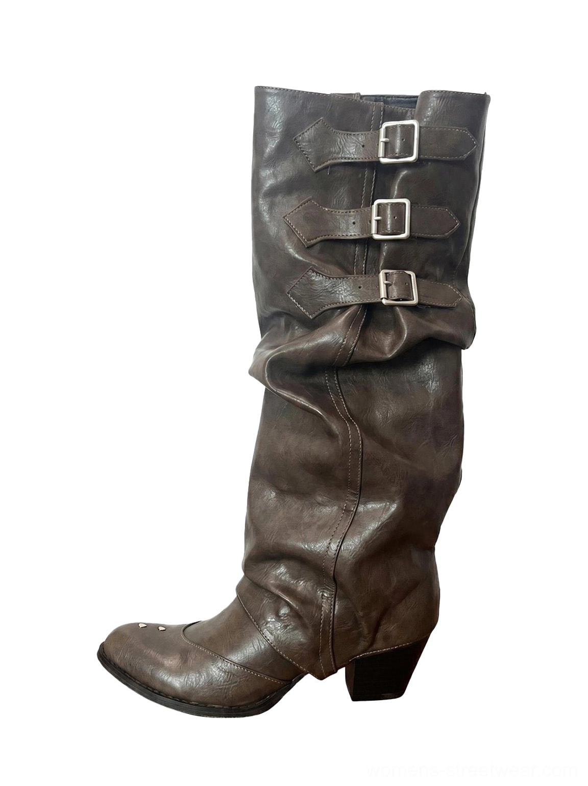 Vintage brown ruched buckle western knee-high boots with triple metal straps, pointed toe, and stacked low heel