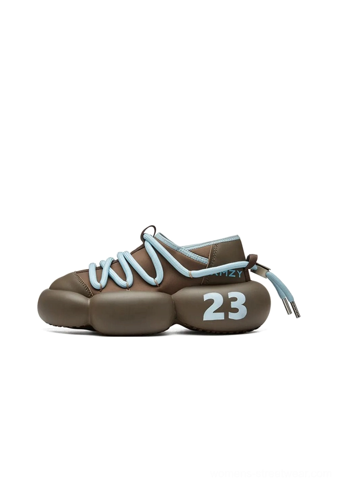 Brown sculpted-sole leather summer sneakers shown in side profile with light blue round speed laces, chunky split pod outsole, and 23 heel detail
