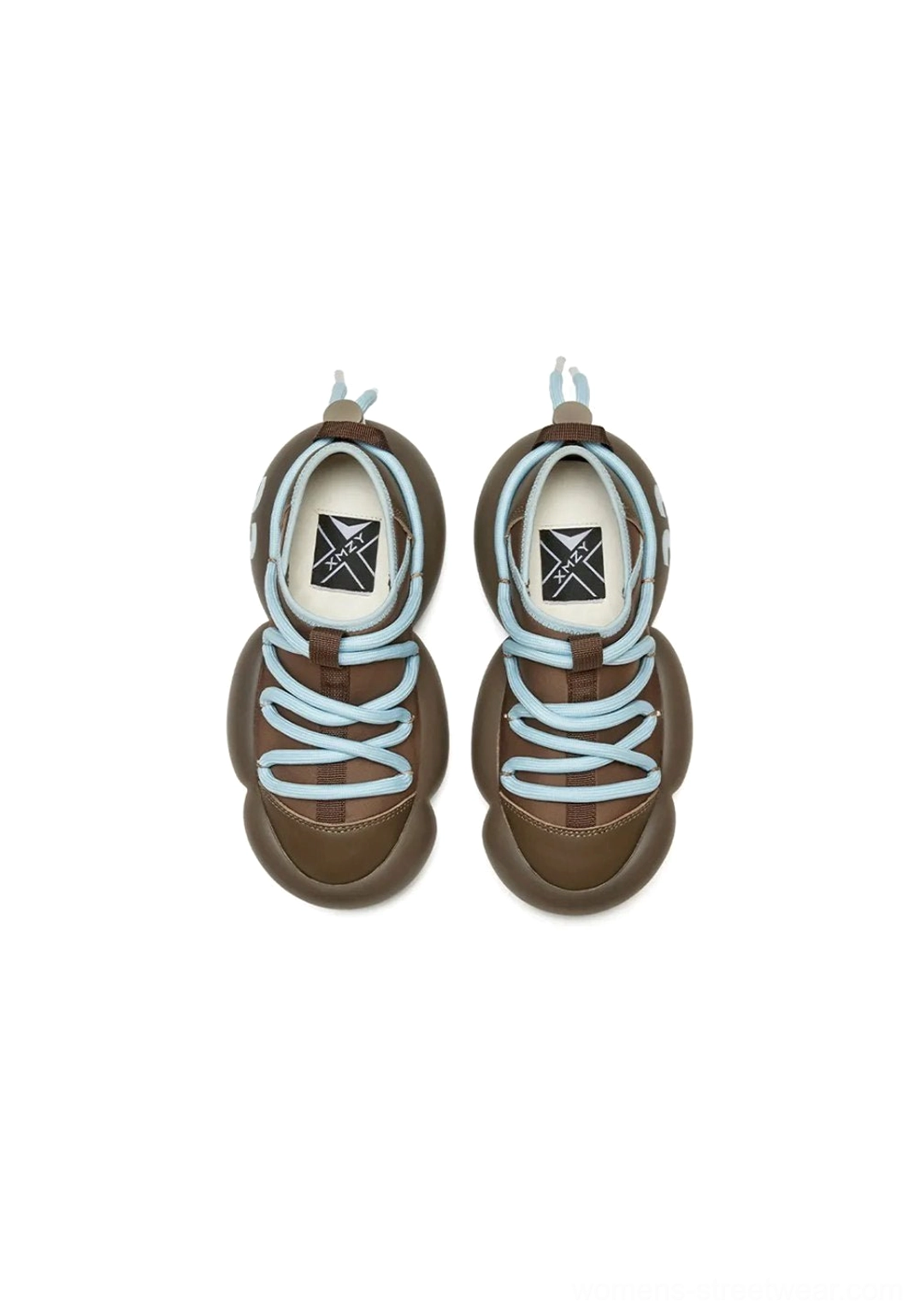 Top-down view of brown sculpted-sole sneakers showing the genuine leather upper, light blue laces, and geometric insole design
