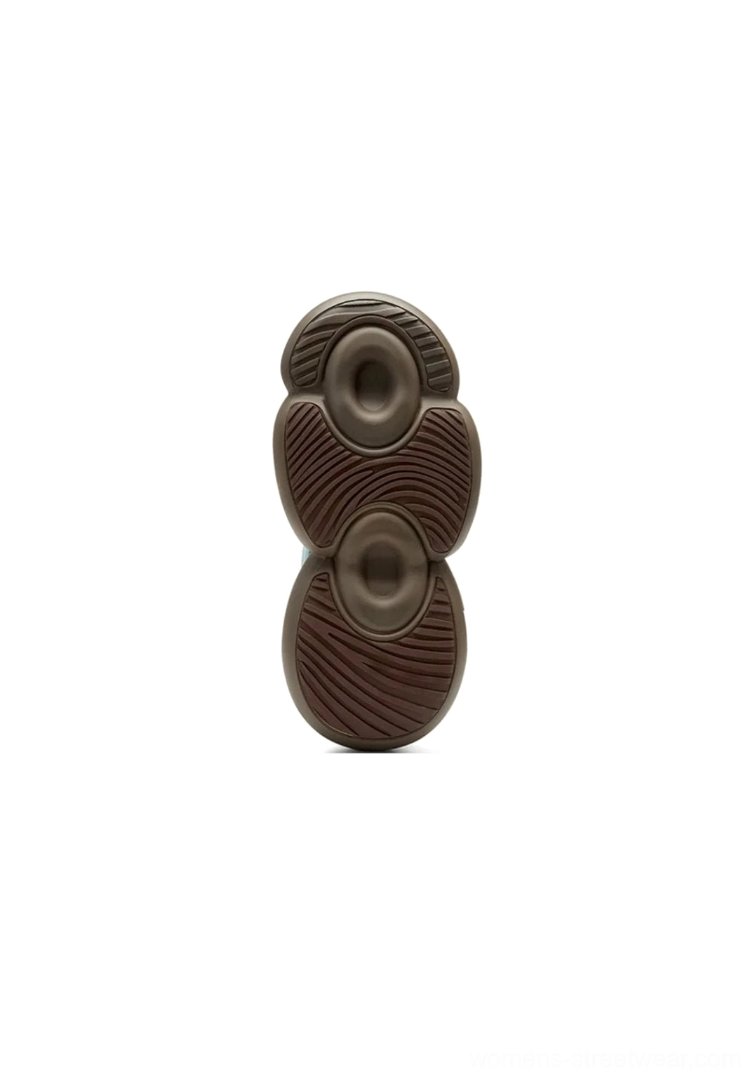 Outsole view of brown sculpted summer sneakers showing the split dual chunky pod construction and textured anti-slip rubber tread