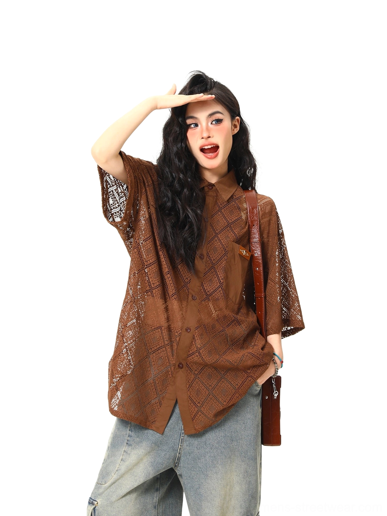 Brown semi-sheer geometric lace button-up shirt showing chest pocket trim and openwork texture