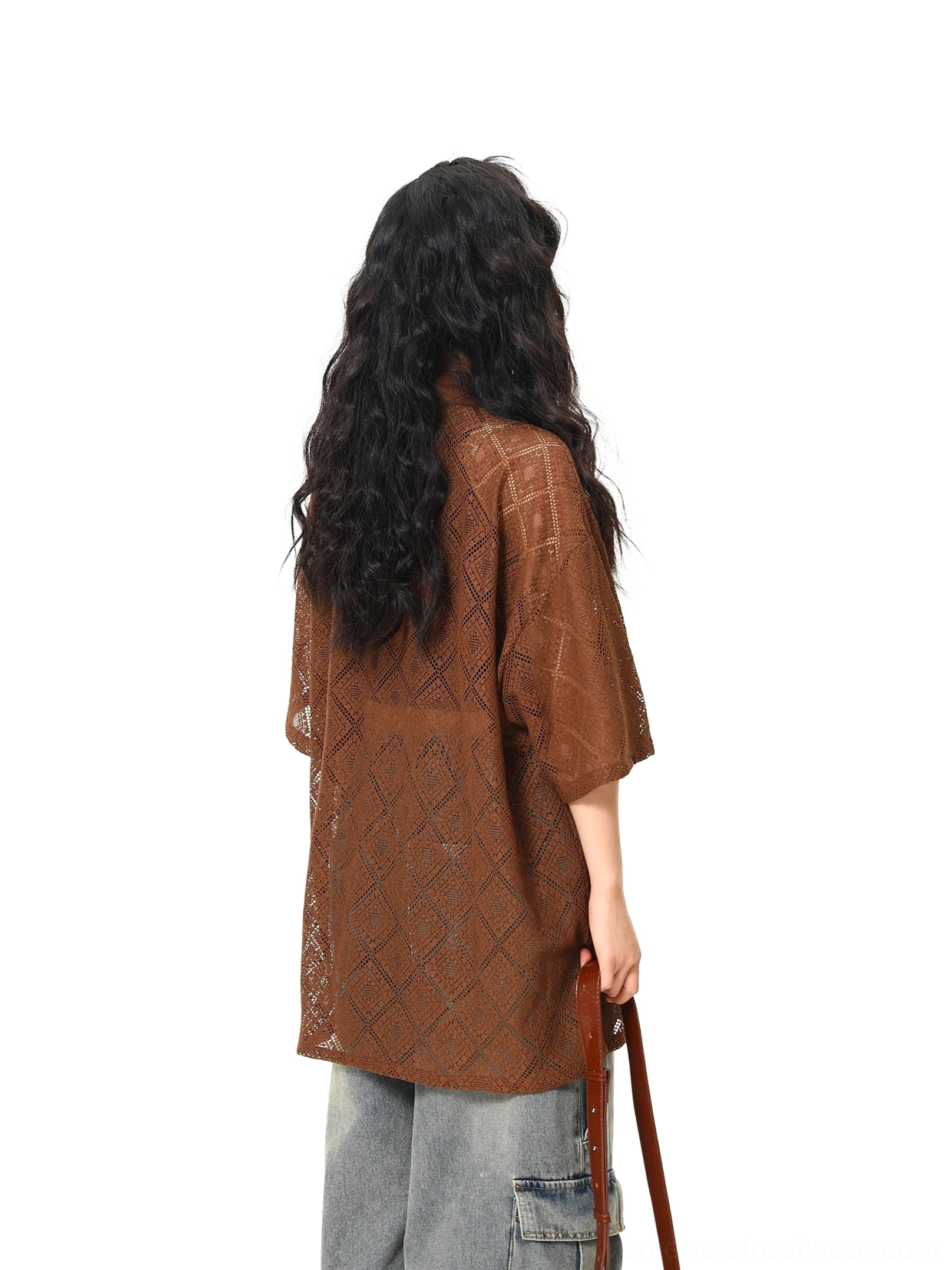 Back view of brown sheer geometric lace oversized button-up shirt with all-over diamond openwork pattern