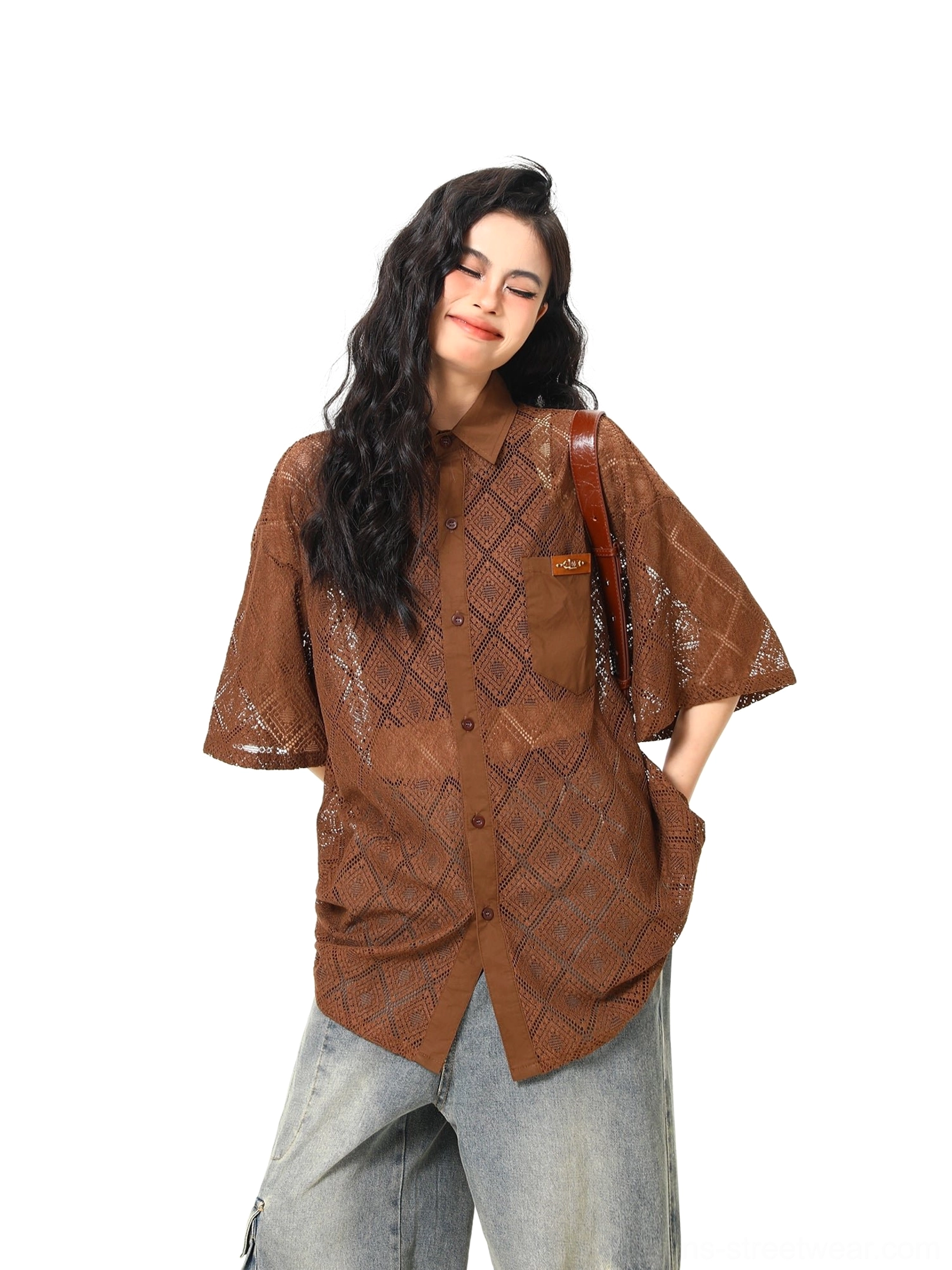 Side view of brown sheer geometric lace oversized short sleeve shirt with chest pocket and dropped shoulders