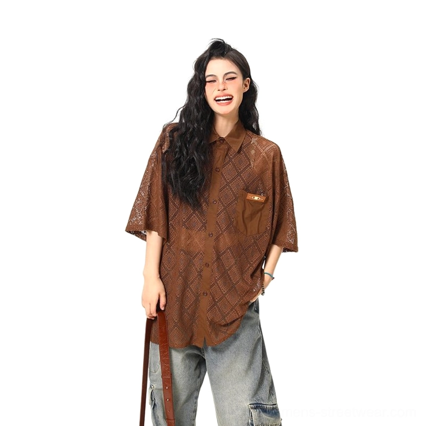 Brown sheer geometric lace oversized short sleeve button-up shirt product color and texture view