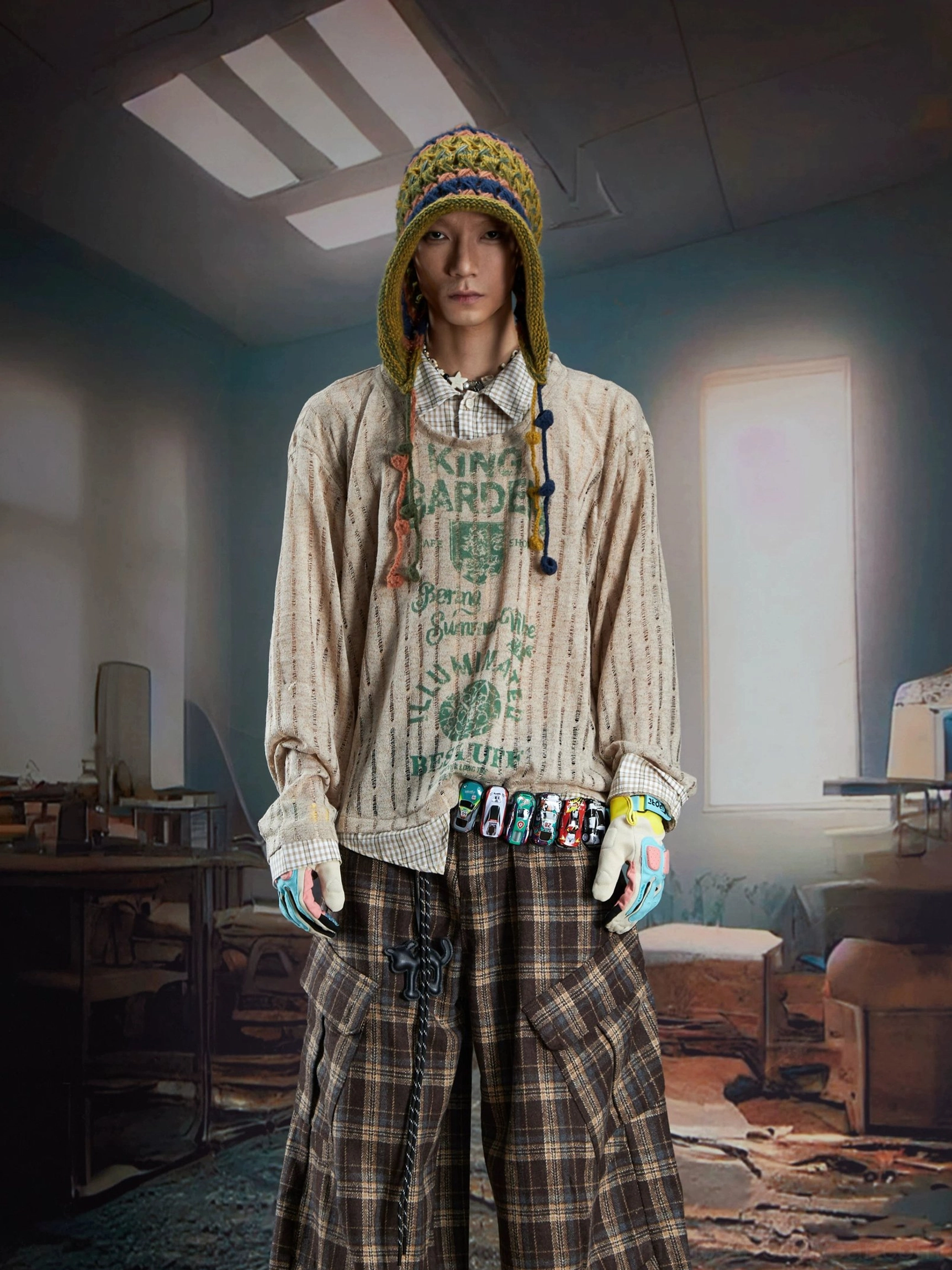 Brown sheer layered vintage print shirt sweater with green graphic artwork, relaxed proportions, ribbed texture, and Korean Y2K fashion aesthetic